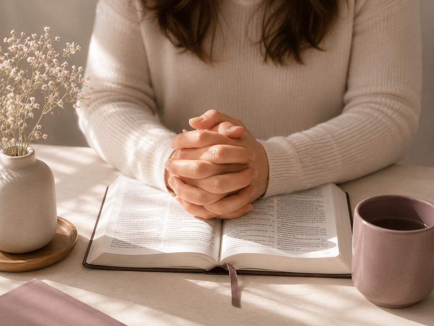 Person sitting at a table with hands clasped over an open Bible.