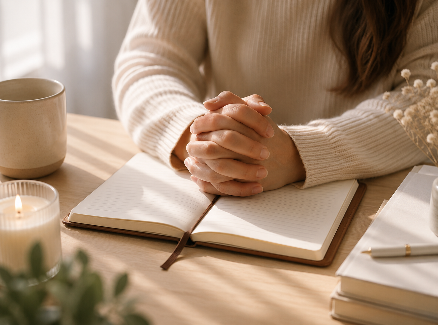 Person with hands clasped, resting on an open Bible on a wooden table.