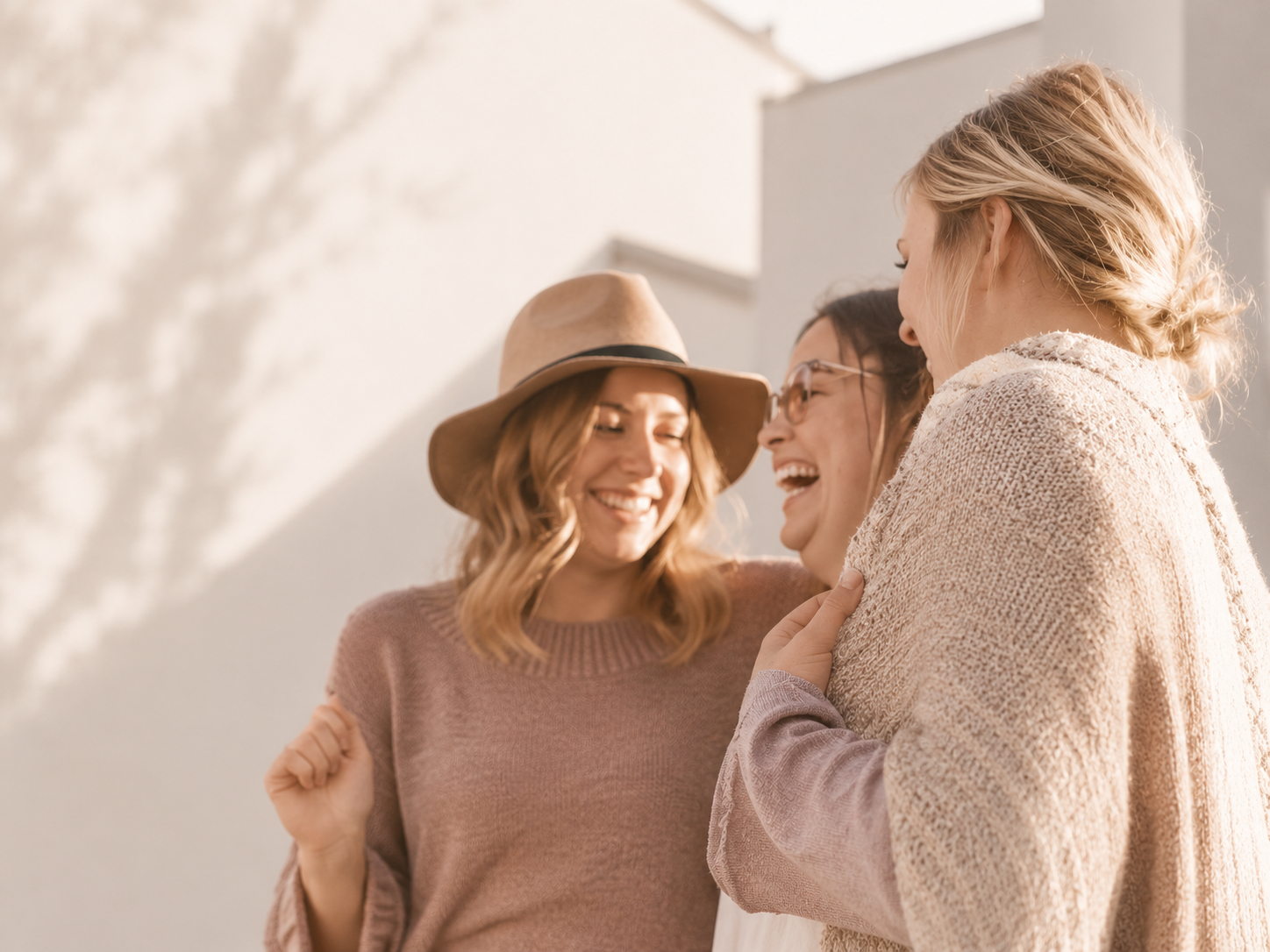 Three women smiling and laughing together outdoors in warm clothing, with one holding a white umbrella, during sunset.