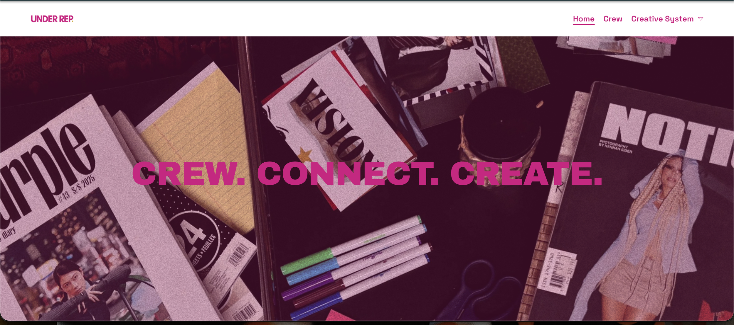 Table covered with magazines, notebooks, pens, scissors, and fashion cutouts, with the text 'CREW. CONNECT. CREATE.' in bold pink letters.