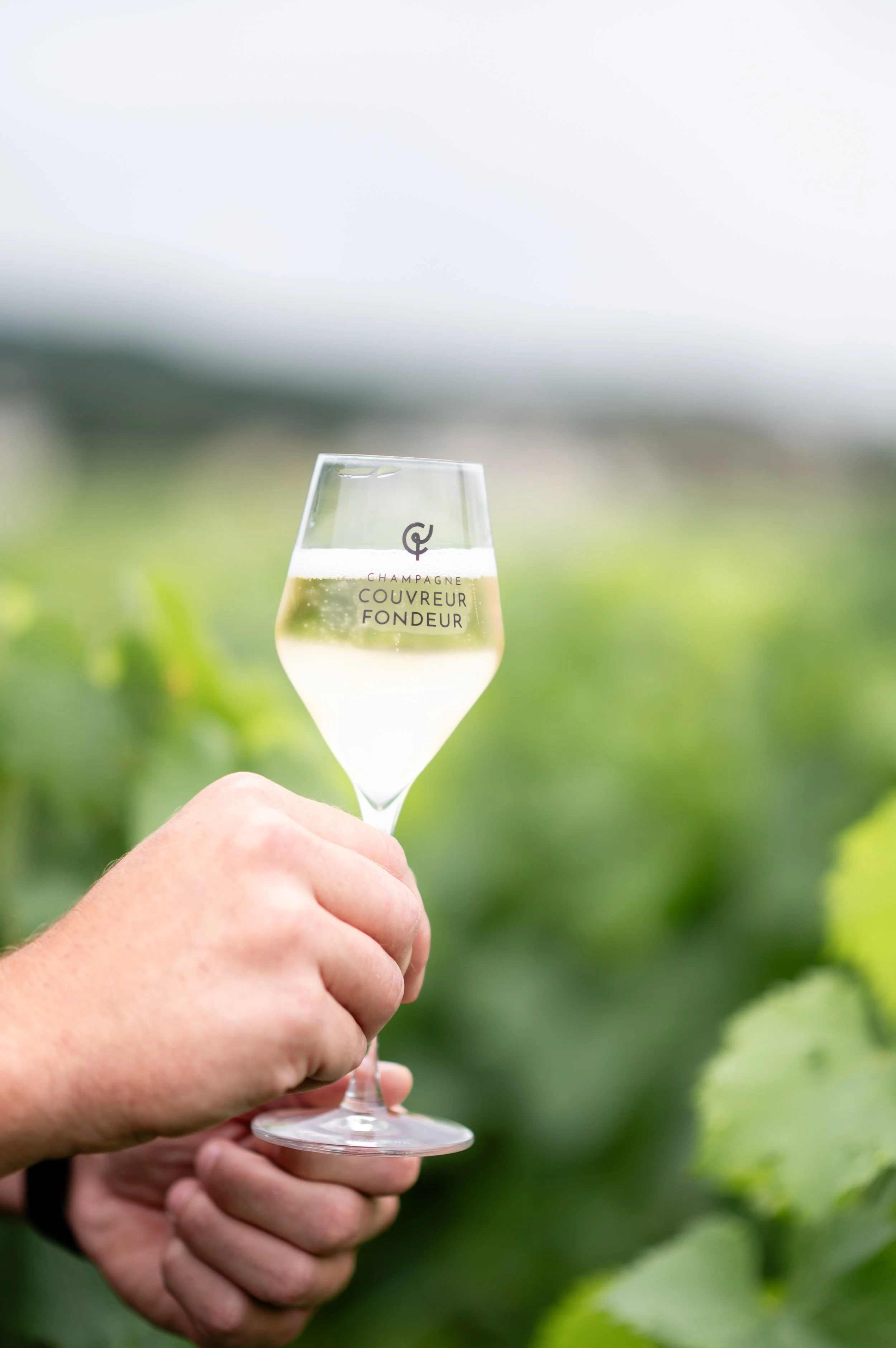 Savourez une coupe de Champagne du domaine Couvreur-Fondeur, avec les vignes champenoises en arrière-plan, pour une expérience authentique et raffinée.