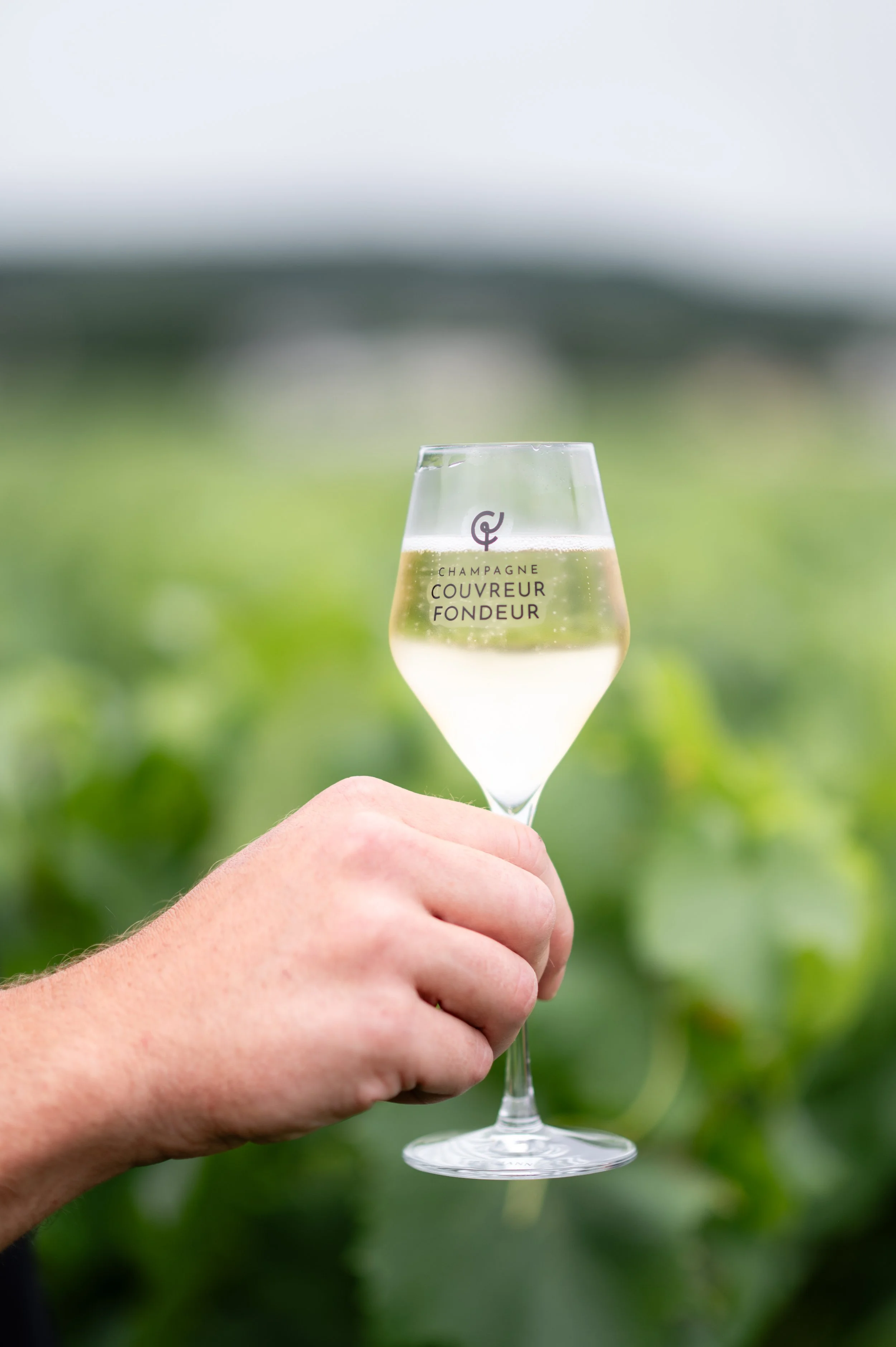 Savourez une coupe de Champagne du domaine Couvreur-Fondeur, avec les vignes champenoises en arrière-plan, pour une expérience authentique et raffinée.