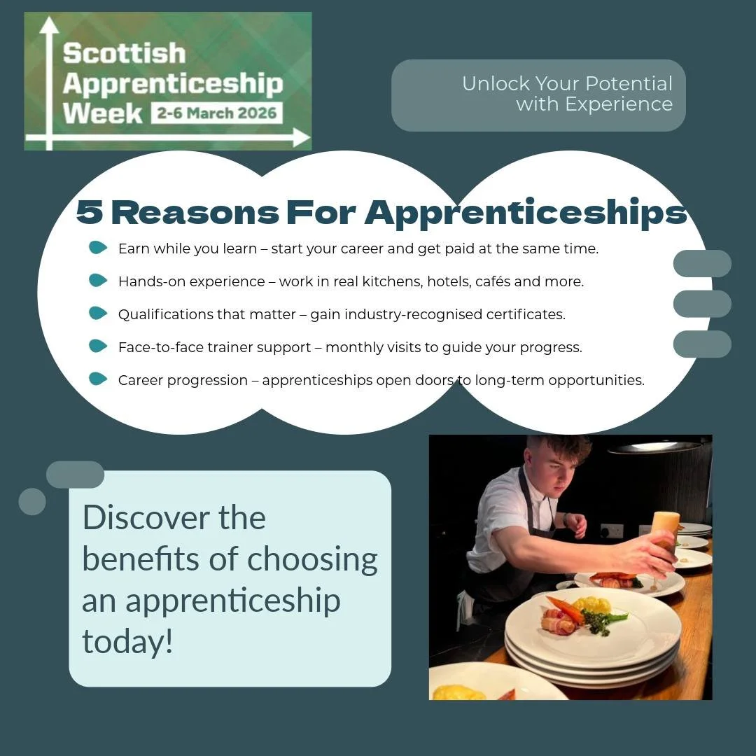 🍳 Thinking about a career in hospitality? Here are 5 reasons to choose an apprenticeship:

1️⃣ Earn while you learn &ndash; start your career and get paid at the same time.
2️⃣ Hands-on experience &ndash; work in real kitchens, hotels, caf&eacute;s 