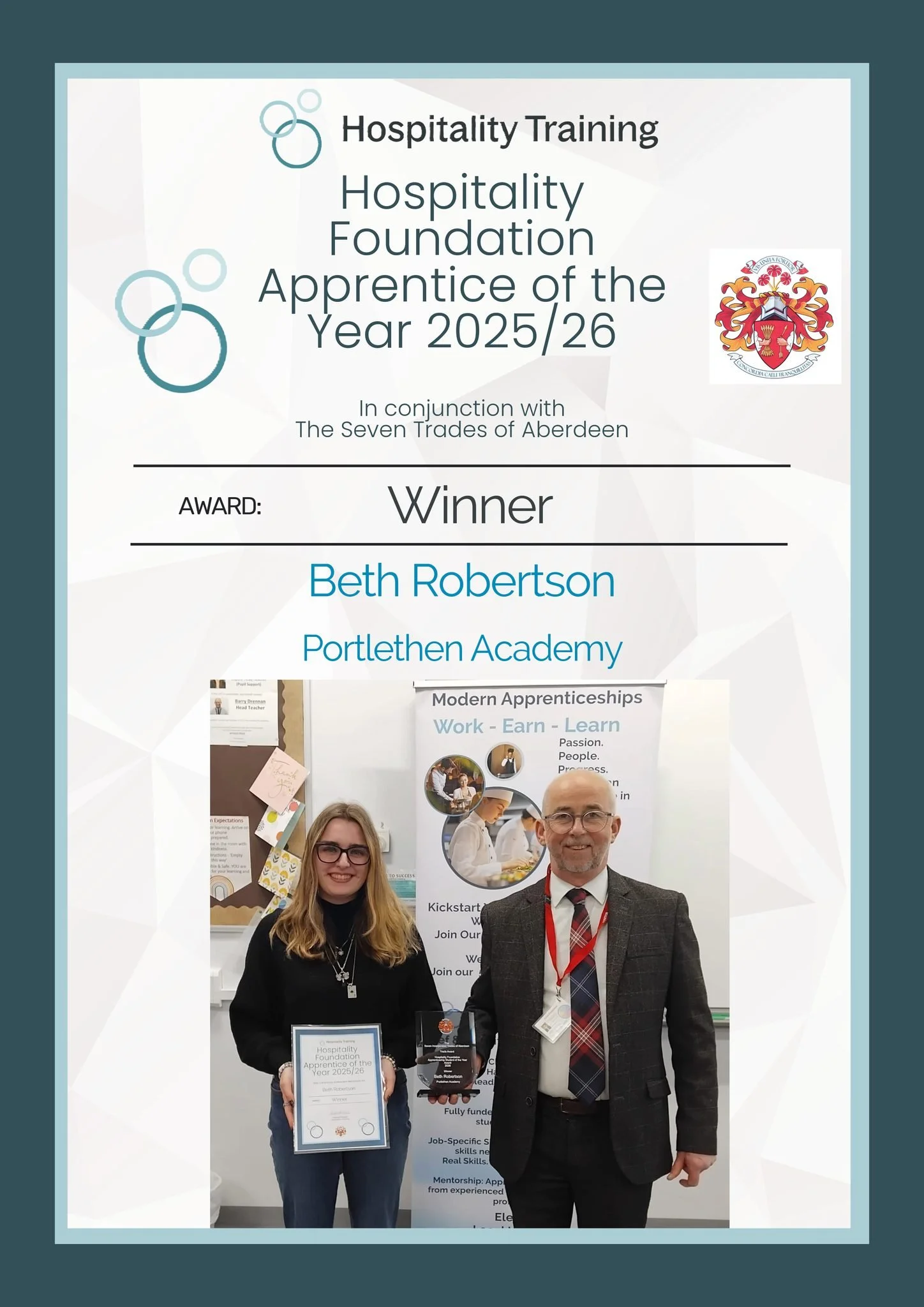Huge congratulations to Beth Robertson @portyacademy for winning this years Foundation Apprentice of the year.
Our competition is run in conjunction with the l Seven Trades of Aberdeen and judged by manager Ewan Kirkpatrick from Trinity Hall 
We are 