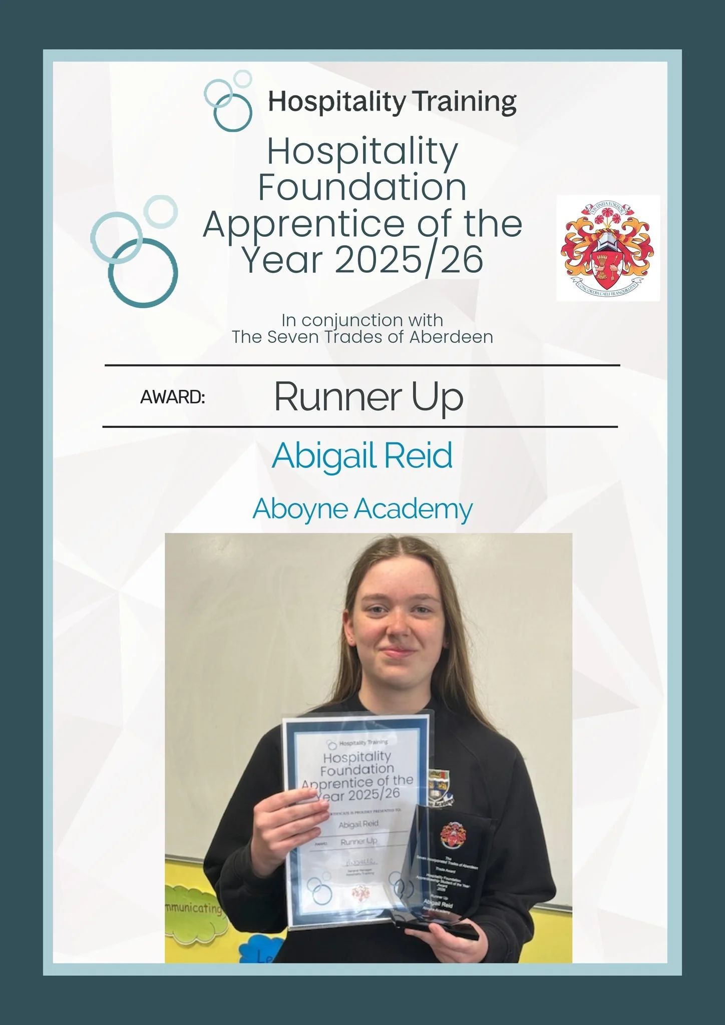 Huge congratulations to Abigail Reid @aboyneacademy for coming Runner up in this years Hospitality Foundation Apprentice of the Year.
Our competition is run in conjunction with the l Seven Trades of Aberdeen and judged by manager Ewan Kirkpatrick fro