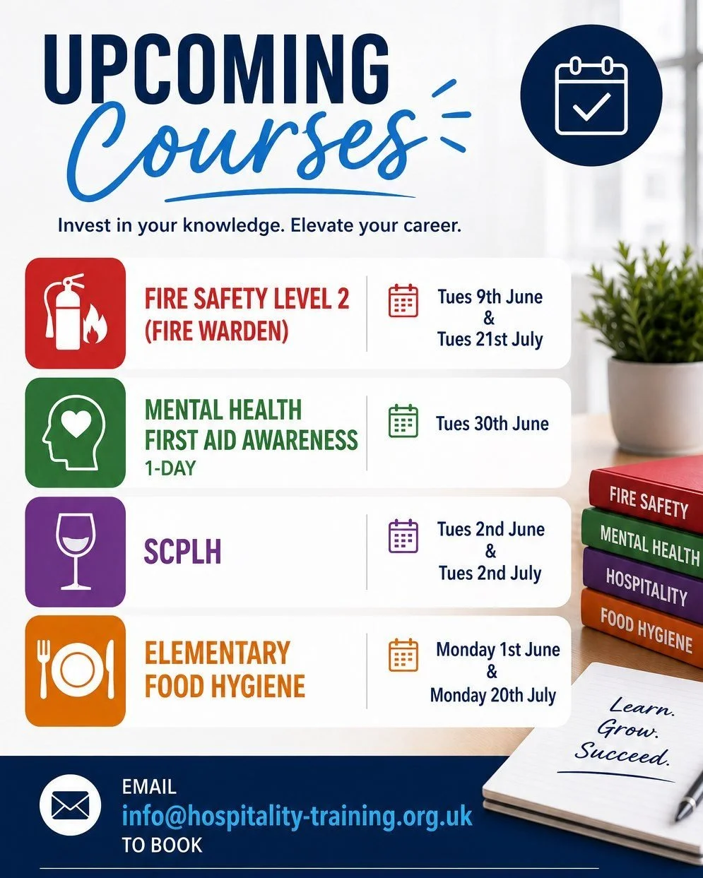 🚨 Upcoming Training Courses 🚨

📍 Fire Safety Level 2 (Fire Warden)
🗓 Tues 9th June &amp; Tues 21st July

🧠 Mental Health First Aid Awareness &ndash; 1 Day
🗓 Tues 30th June

🍷 Scottish Certificate for Personal Licence Holders
🗓 Tues 2nd June &