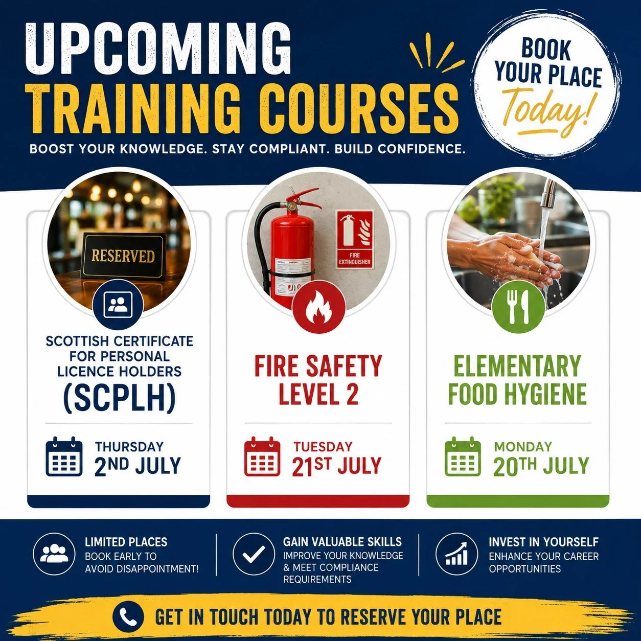 📢 Upcoming Training Courses &ndash; Secure Your Place Today!

Looking to gain a new qualification or refresh your essential workplace skills? Join us for our upcoming training courses:

🍻 Scottish Certificate for Personal Licence Holders (SCPLH)
📅