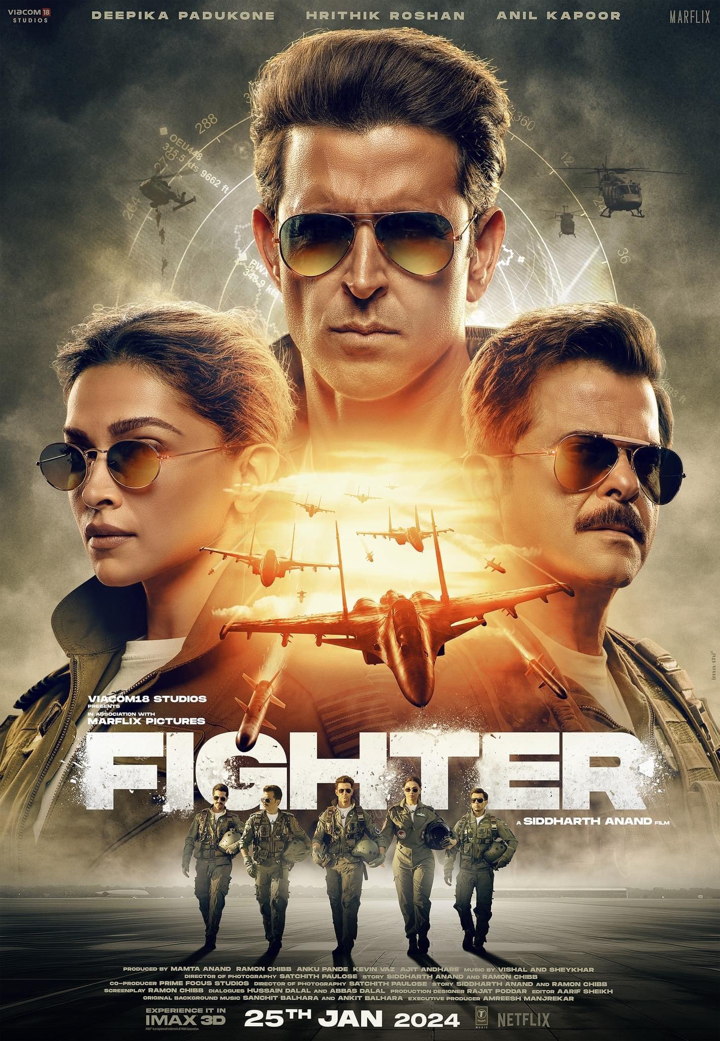 Movie poster for 'Fighter' featuring three main characters in aviator sunglasses above fighter jets and pilots, with text indicating a release date of January 25, 2024.