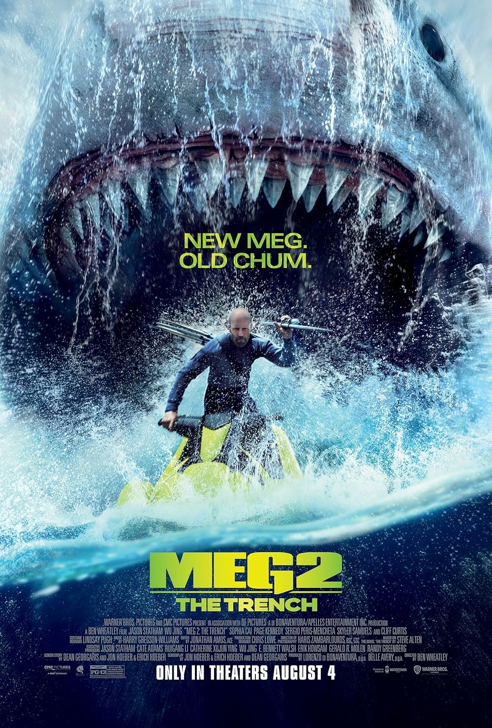 "Meg 2: The Trench" movie poster featuring a man on a jet ski being chased by a giant shark with open jaws, with the text "NEW MEG. OLD CHUM." and release date "ONLY IN THEATERS AUGUST 4."