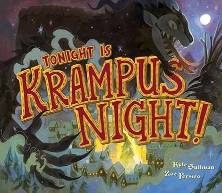 A colorful poster for a game called 'Krampus Night' with a dark, snowy village scene, a large black creature with claws and a long tongue, and the title in bold red and yellow letters. The poster also credits Kyle Sullivan and Zoe Peresao.