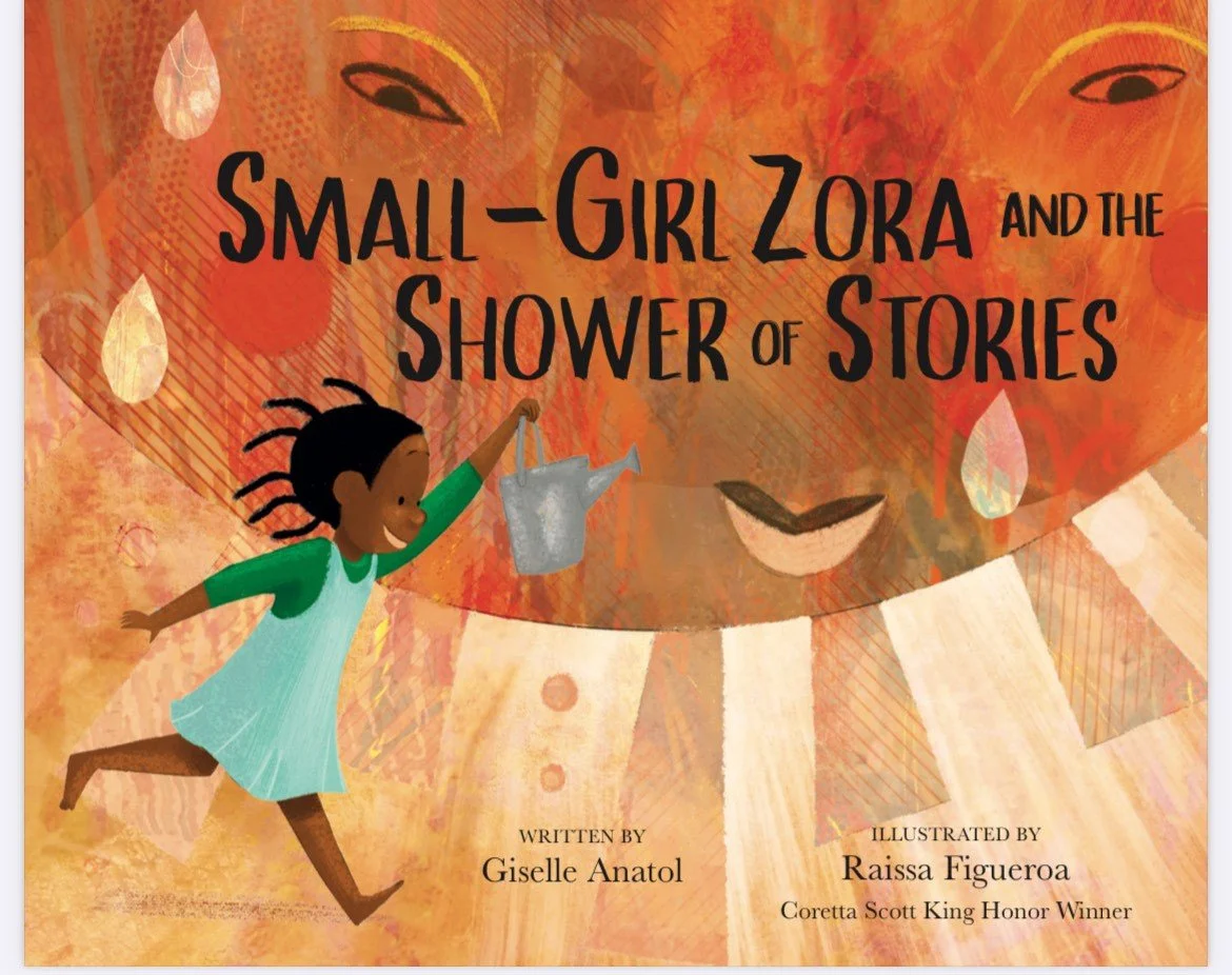 Book cover titled 'Small-Girl Zora and the Shower of Stories' with an illustration of a girl in a green dress holding a watering can, smiling, against an abstract background with warm colors including orange, red, and yellow, and large eyes and a smi