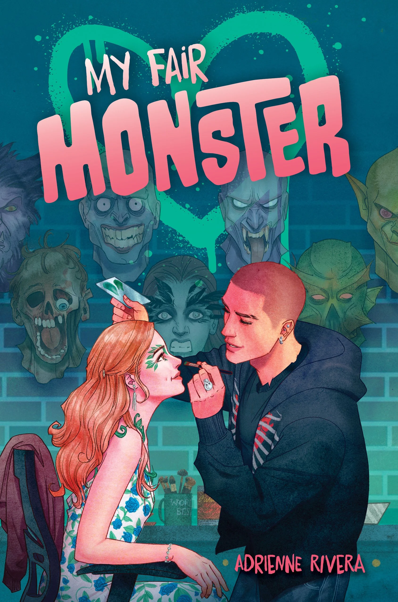 Book cover titled 'My Fair Monster' by Adrienne Rivera, showing a girl with long red hair, wearing a floral dress, getting her face painted by a young man with a buzz cut, in front of a background with colorful monster faces on a brick wall.