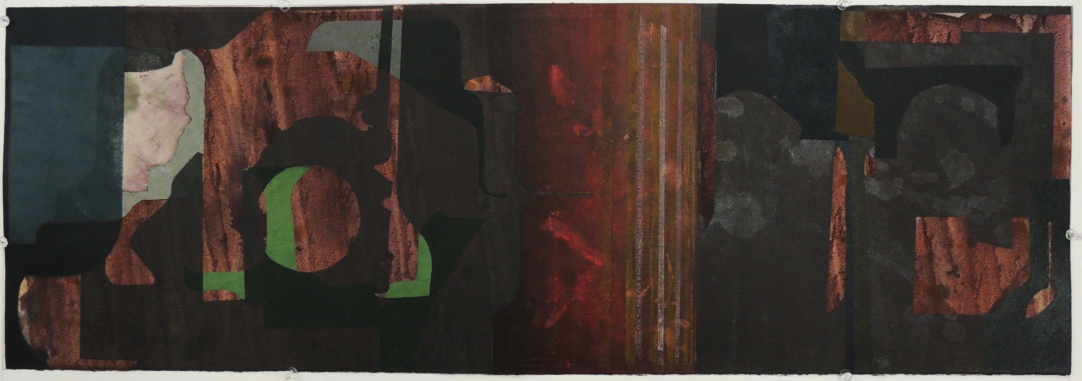 Abstract artwork featuring dark and earthy tones with geometric shapes and textures. The composition includes shades of brown, green, black, and red, creating a layered effect.