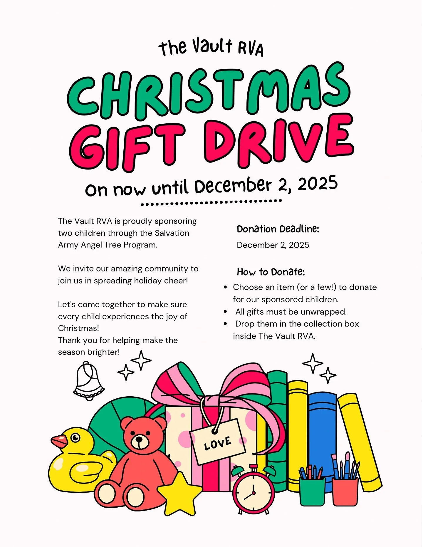 &ldquo;It&rsquo;s Holiday Time.&rdquo;
It&rsquo;s that magical time of year where dreams really do come true! Here is the perfect opportunity to make a child&rsquo;s dream come true this holiday by joining us in @thevaultrva Angel tree initiative. Pl