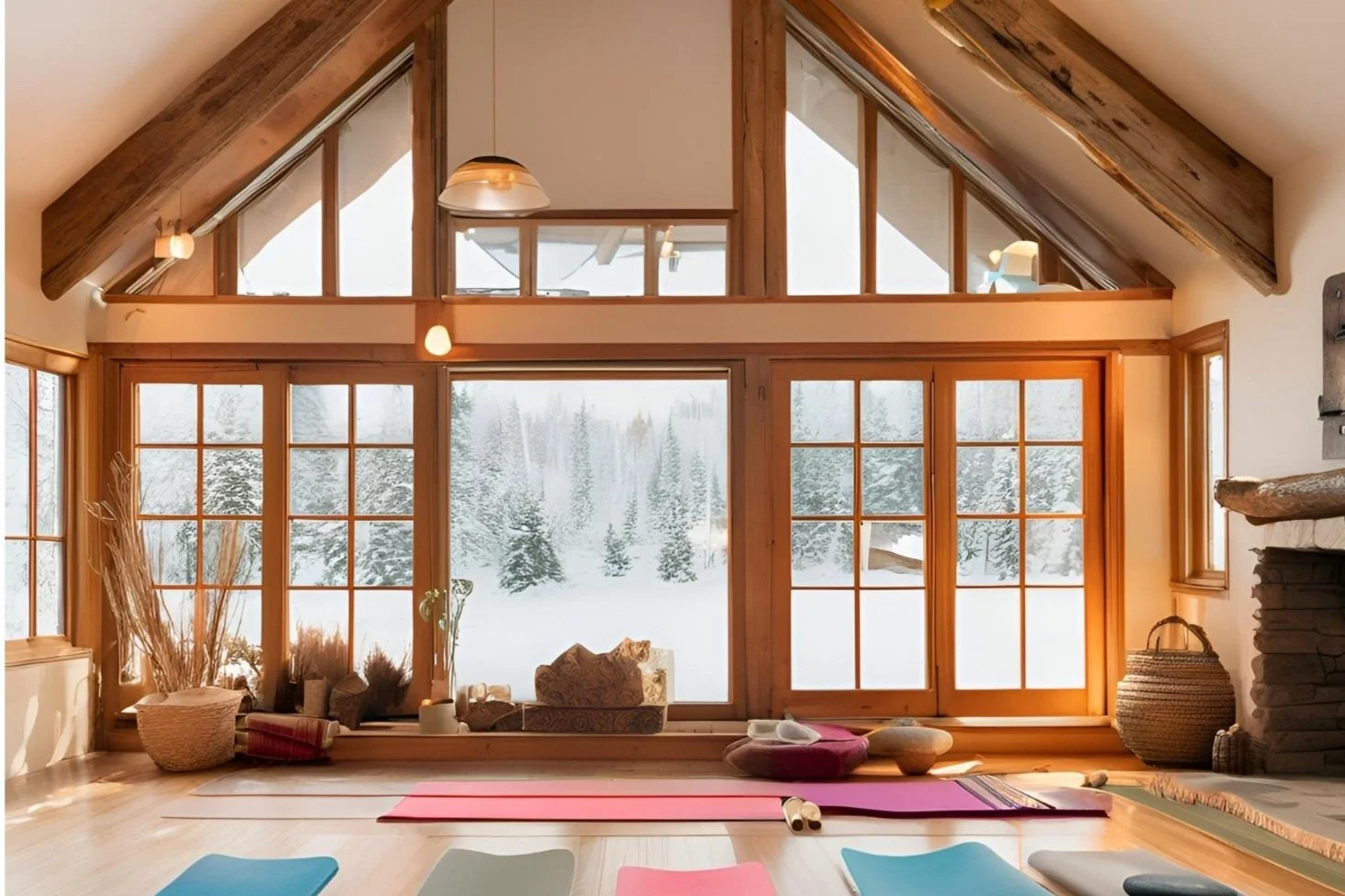 Interior of a cozy mountain house with large windows showing snow-covered trees outside, yoga mats and cushions on a wooden floor, and natural wood accents.
