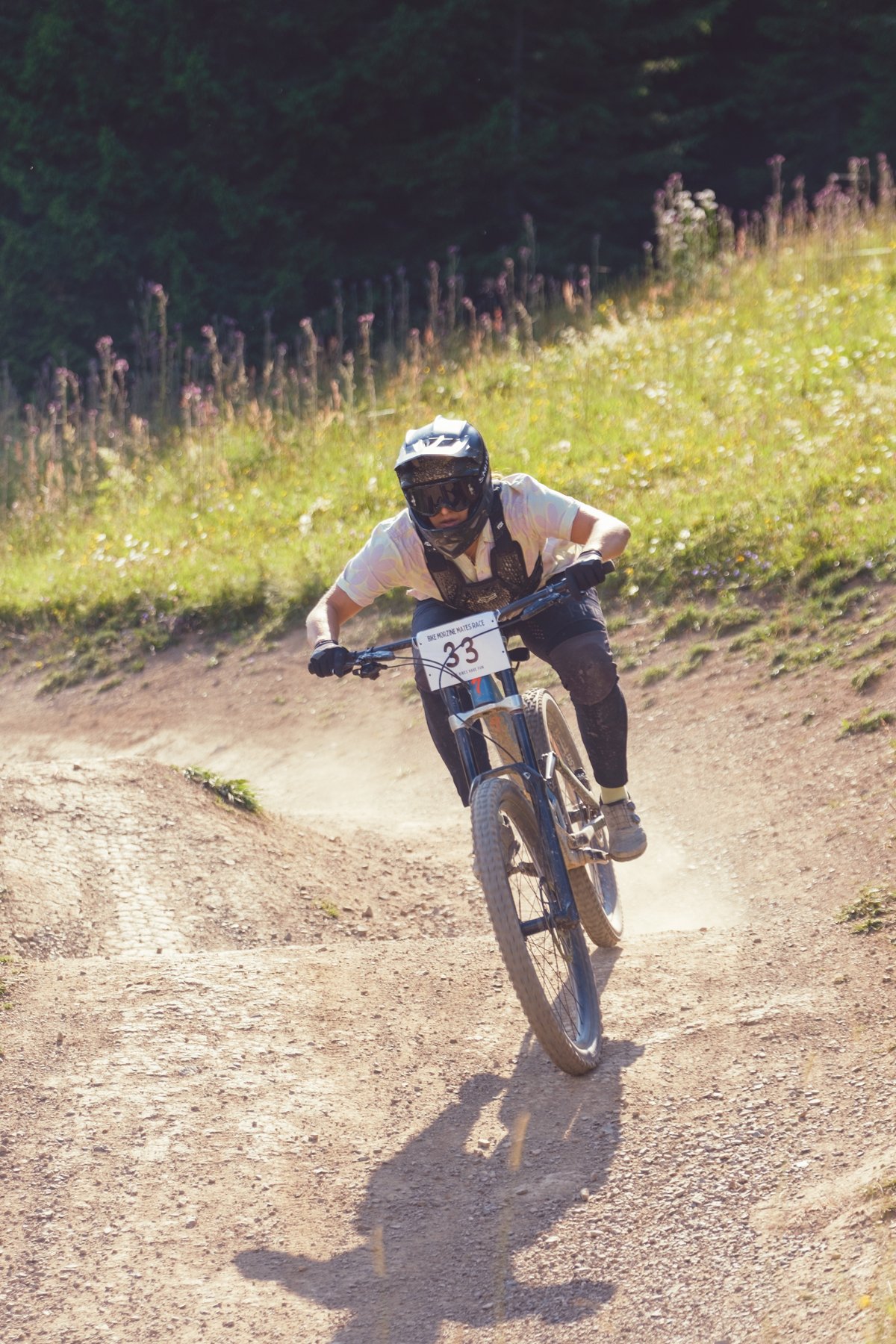 A person wearing a helmet, goggles, and riding gear, riding a mountain bike on a dirt trail in a scenic outdoor area with grass and trees.