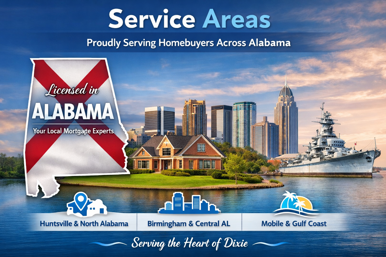 Service Areas map showing Huntsville, North Alabama; Birmingham, Central Alabama; Mobile, Gulf Coast for a mortgage company, with an Alabama state outline, skyline, house, and ship.
