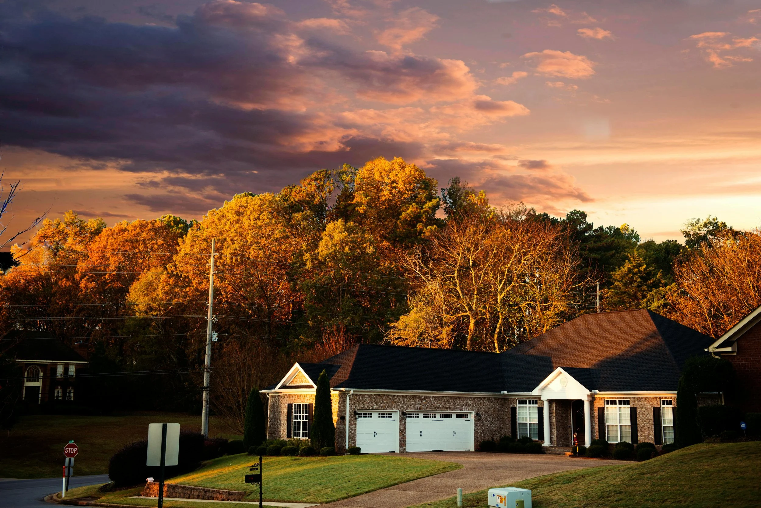Alabama neighborhood homes at sunset for first time homebuyers