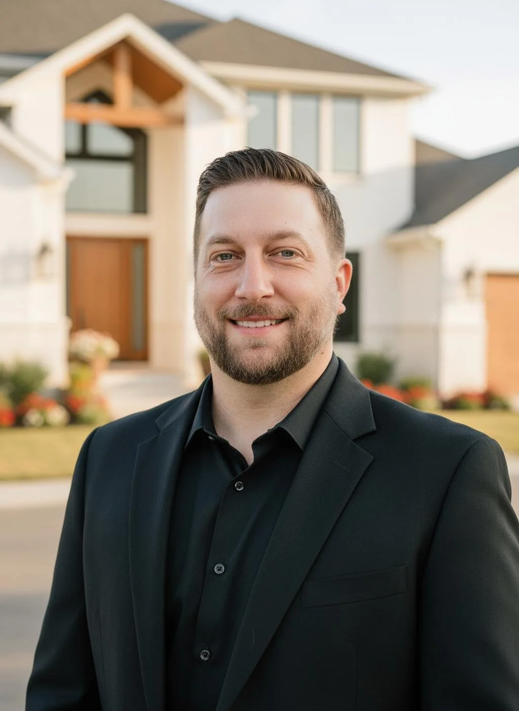 A man in a black suit and white shirt standing outdoors, smiling, with greenery in the background.