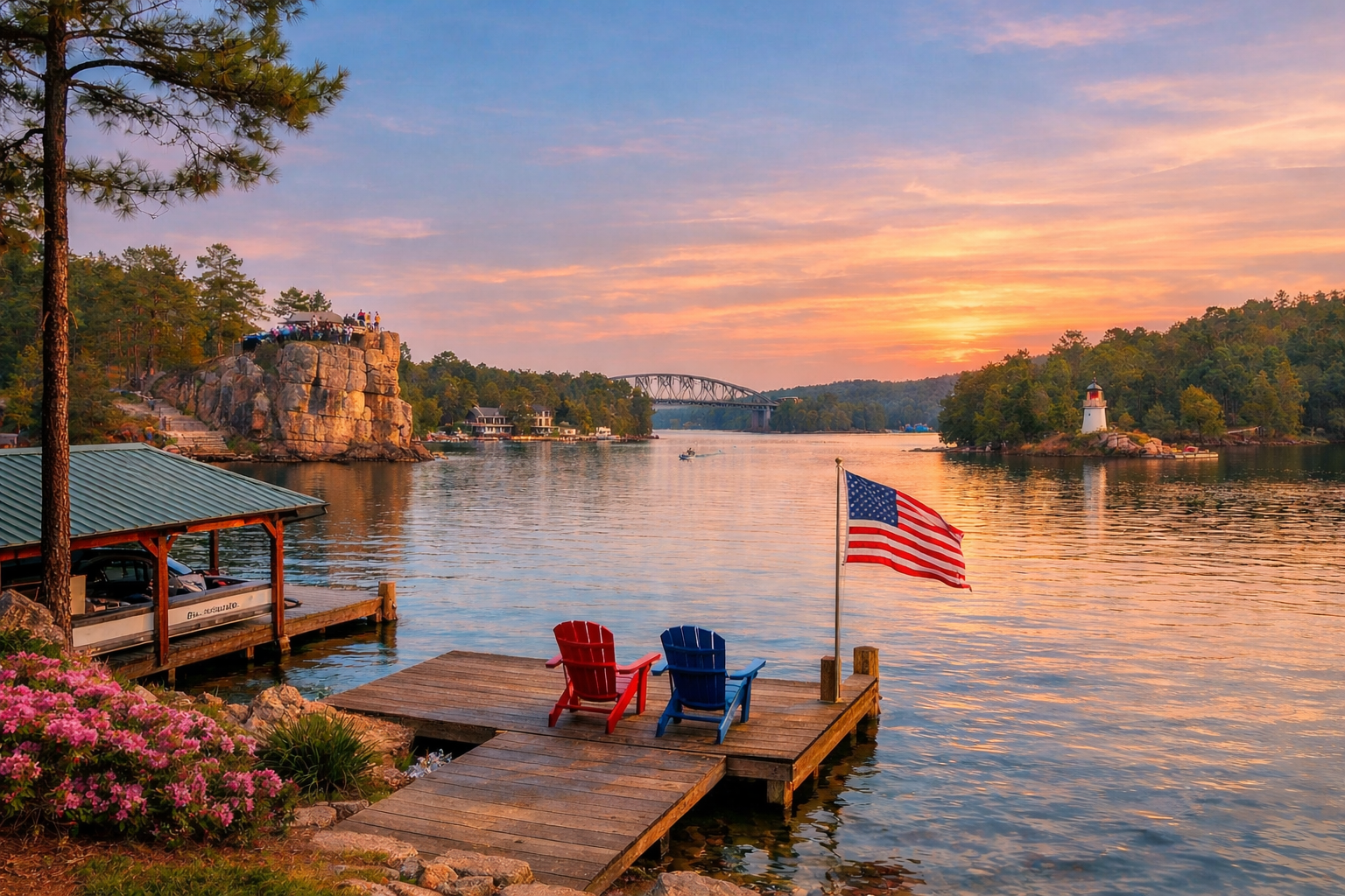 Sunset over a calm lake with a dock, American flag, two colorful chairs, rocky hills, lighthouse, trees, and a bridge in the distance.