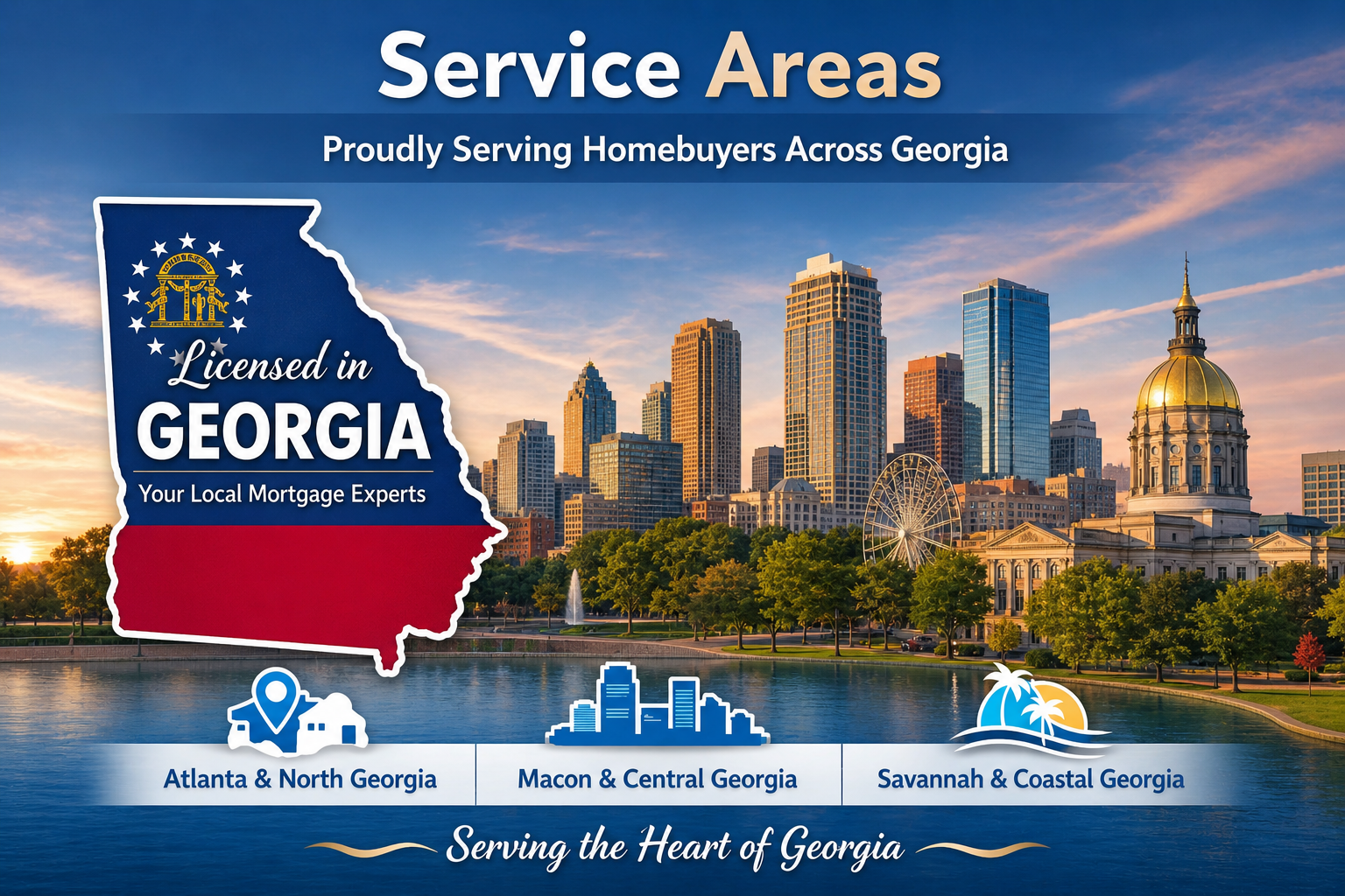 A promotional graphic featuring the skyline of Atlanta, Georgia, with a lake and trees in the foreground during sunset. The image highlights service areas in Georgia, including Atlanta & North Georgia, Macon & Central Georgia, and Savannah & Coastal Georgia, with the text "Serving the Heart of Georgia." The graphic includes a blue map outline of Georgia with a mortgage logo, and icons representing different regions.