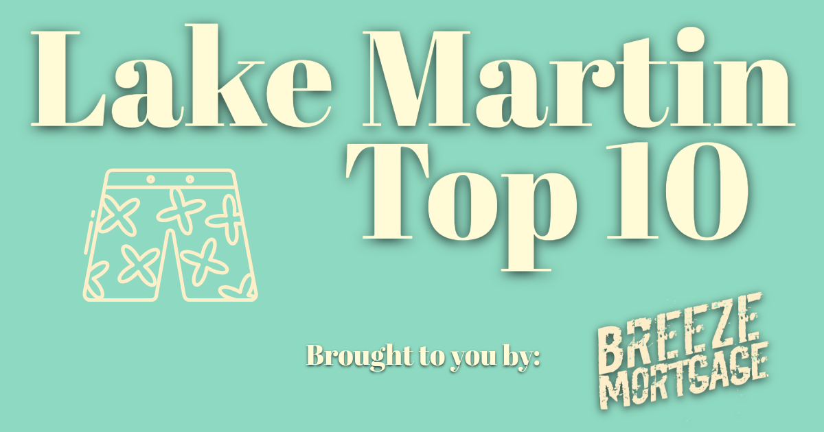 Graphic design featuring the text 'Lake Martin Top 10' and a phone icon outline with floral pattern, with a 'Breeze MORTGAGE' watermark in the corner.