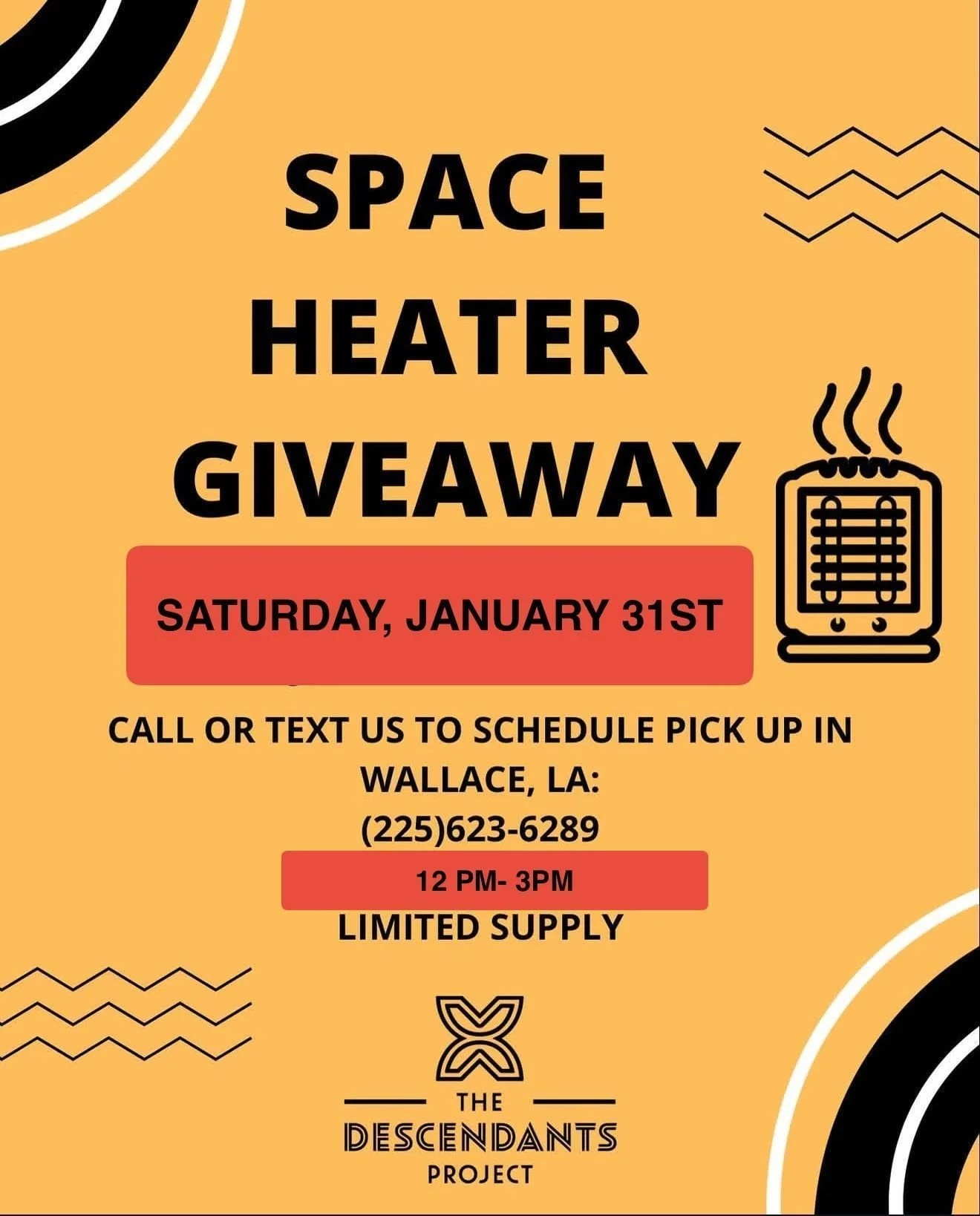 We have more free space heaters available! Call or text us to schedule a pick up (225) 623-6289. We'll be here from 12 PM - 3 PM today, or until supplies last. Stay warm!