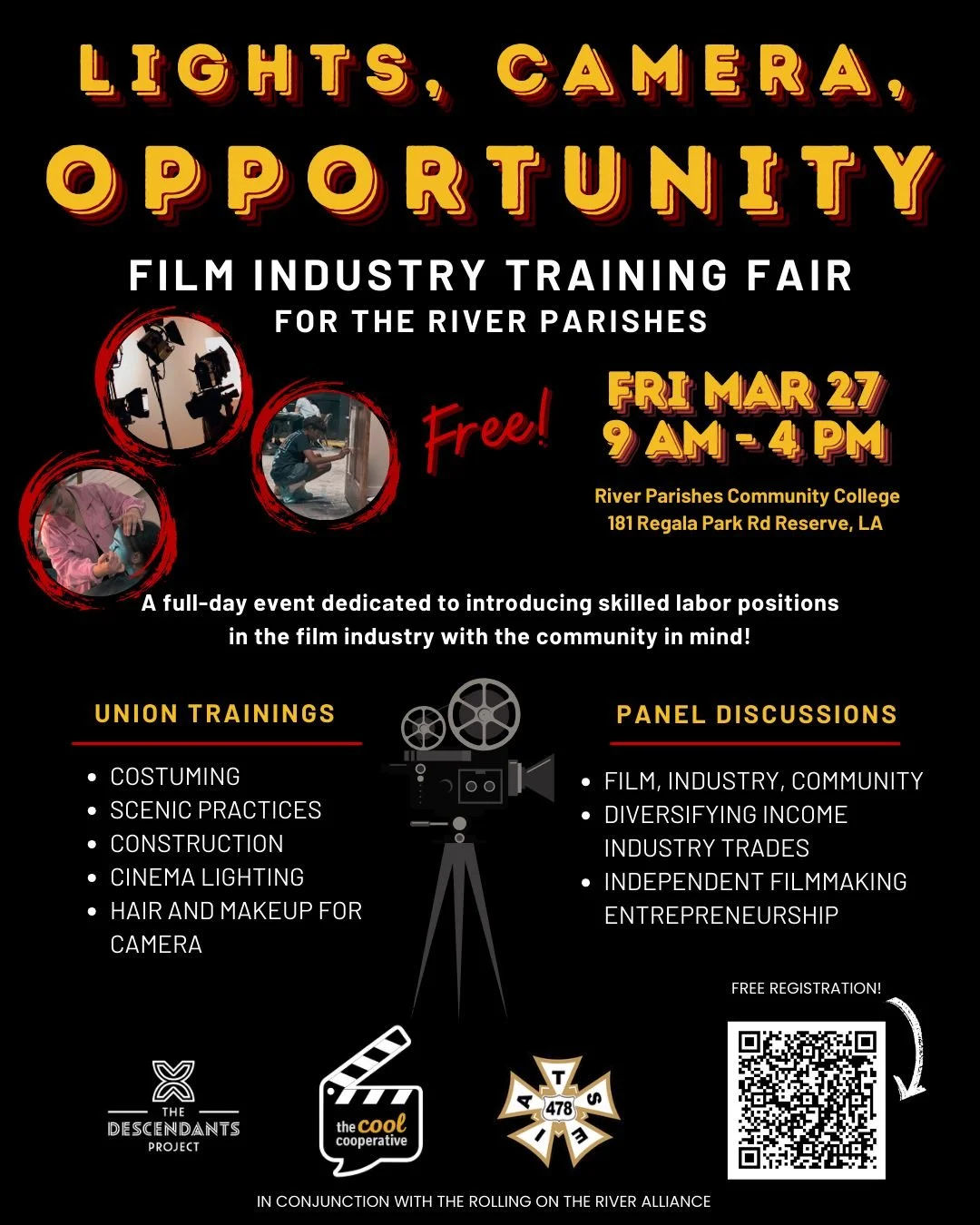 We're excited to host  the "Lights, Camera, Opportunity" film industry training fair as part of our commitment to connect residents with safer, greener, and profitable careers throughout the river parishes that help us preserve our cultural
