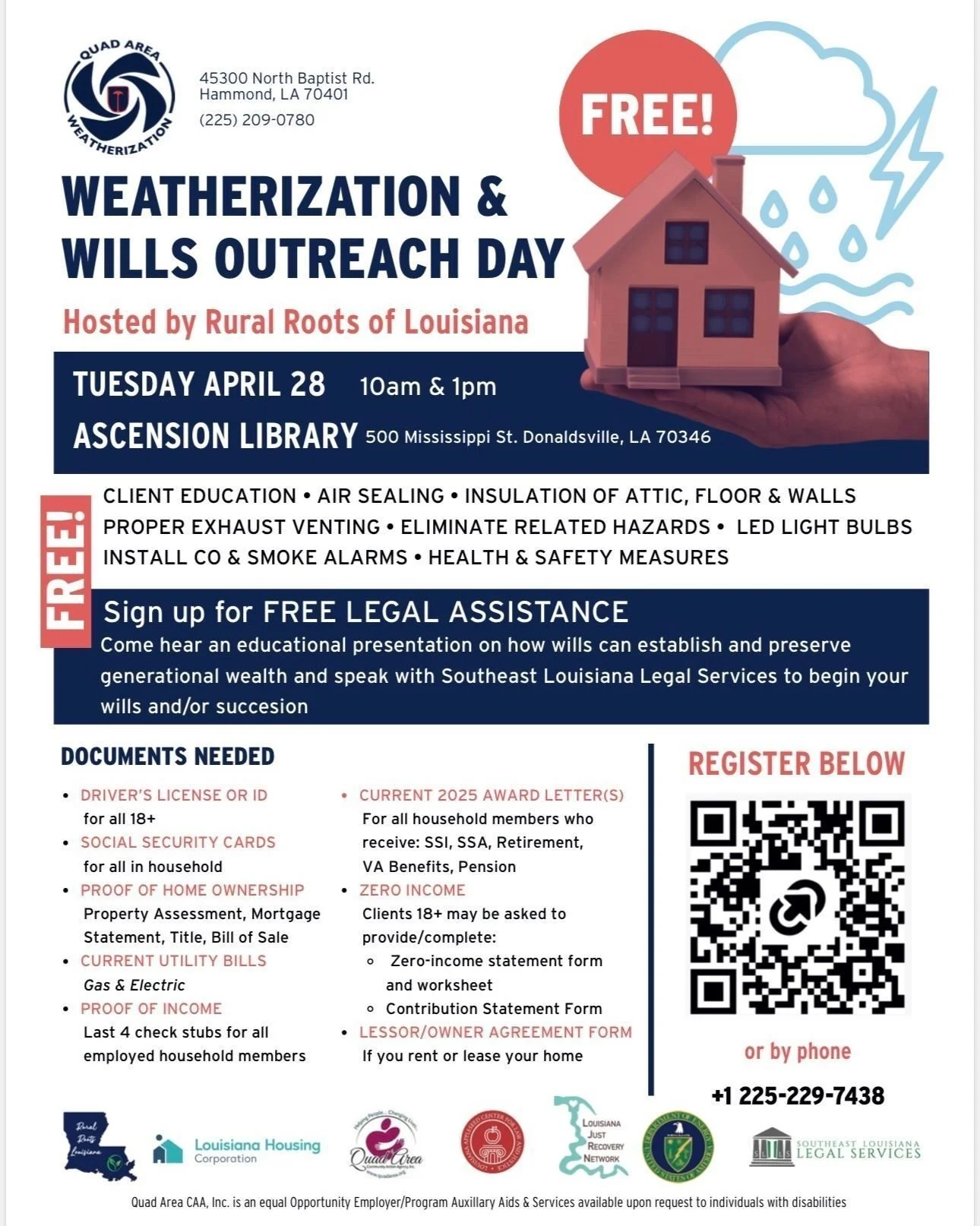 Join @ruralrootslouisiana next Tuesday, along with @louisianajustrecovery and community partners, for an important event for homeowners in Ascension, Assumption, and St. James Parishes.

Come learn about programs that can help weatherize your home, r
