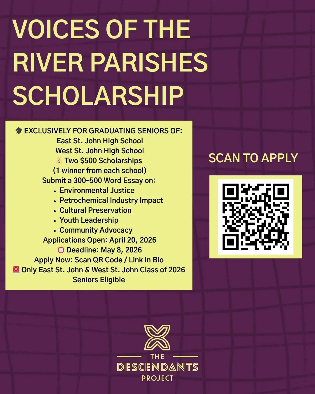 🎓 Calling all East St. John and West St. John High School seniors. The Voices of the River Parish Scholarship is an opportunity to share your voice and earn a $500 scholarship.
We are looking for graduating seniors who care about their community and