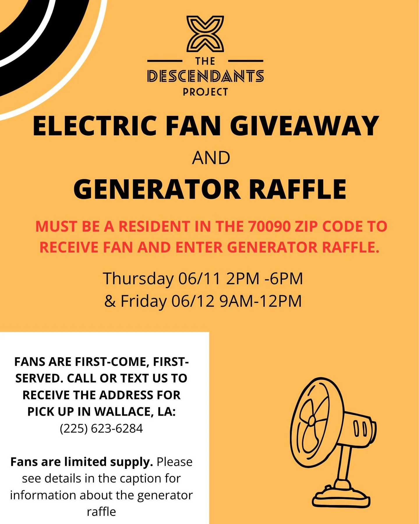 FREE electric fan giveaway!!!
With temperatures on the rise, we want 70090 residents to stay cool. To claim your fan, please bring an ID or piece of mail that establishes residency. One fan per resident while supplies last.
Upon arrival, you will hav