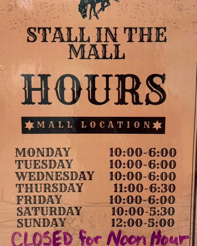 Our Stall in the Mall has been busy! And now merchandise has started to arrive. Come visit us in the old Magicuts location. Our hours of operation are in the photo.