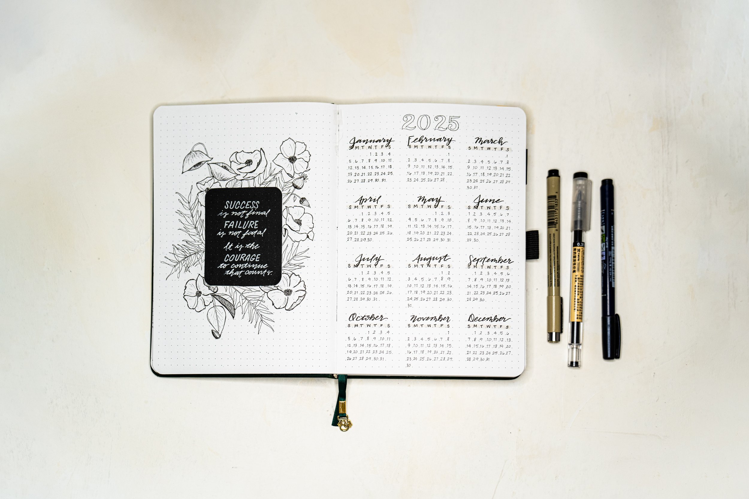 bullet journal minimal quote and year at a glance