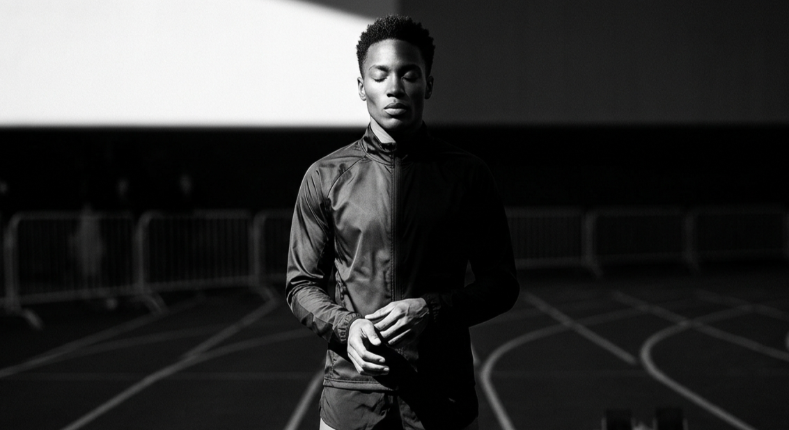 A young man with short curly hair, wearing a black athletic jacket, stands on a track field with his eyes closed, in a black and white photo.