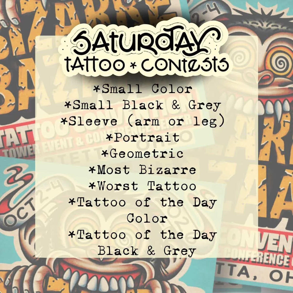 2026 Bizarre Bazaar Tattoo Convention Saturday Contest Categories