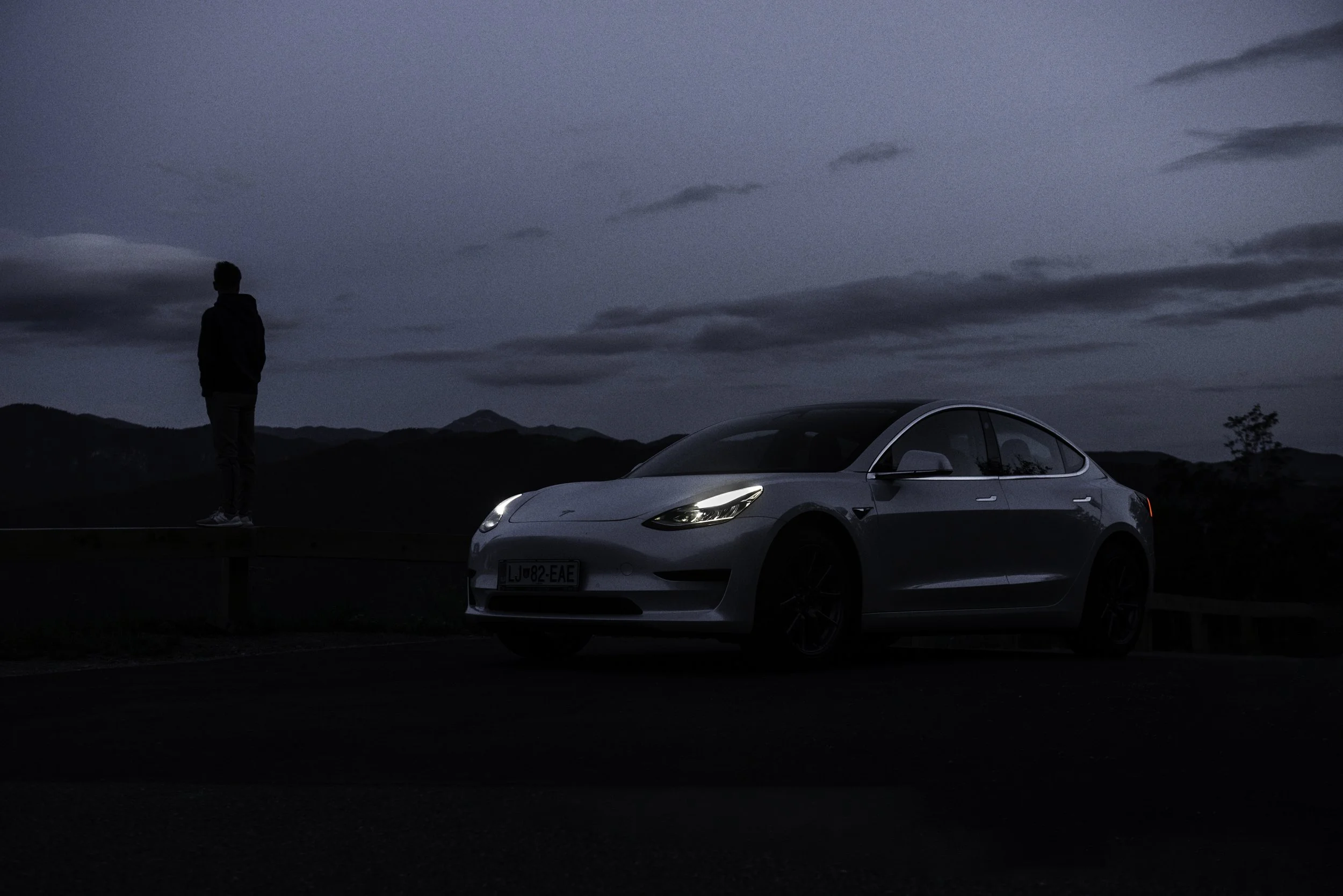 A person stands on a ledge overlooking a mountainous landscape at dusk, with a silver Tesla Model S parked nearby.