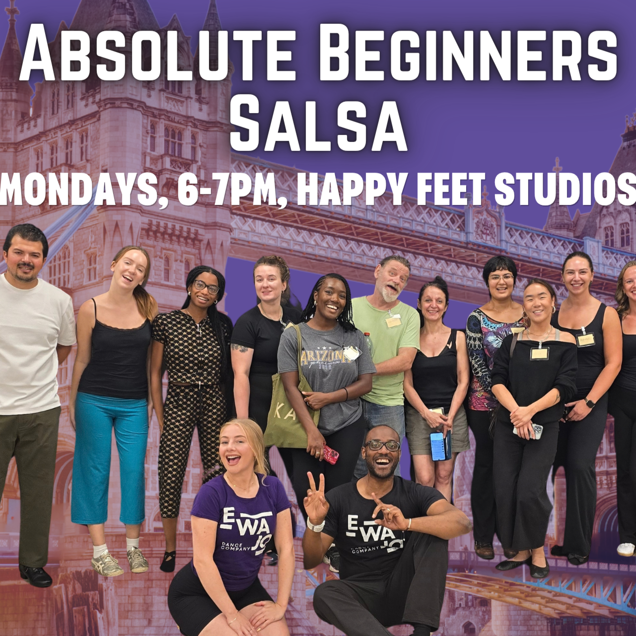 People dancing salsa and socializing in a dance studio with a large mirror on the wall and bright lighting.
