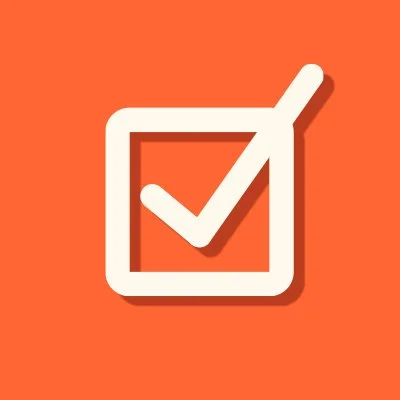 Red orange background with a big white checkmark icon in the center