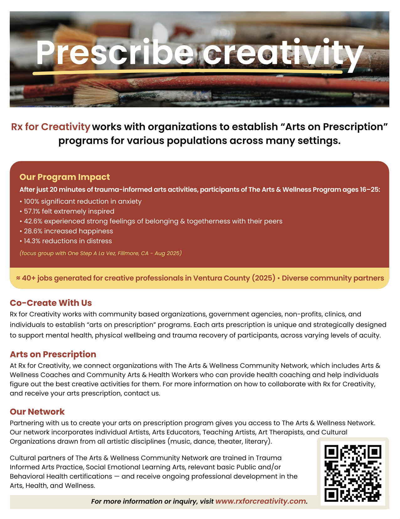 Flyer of an arts prescribing business called "Rx for Creativity"