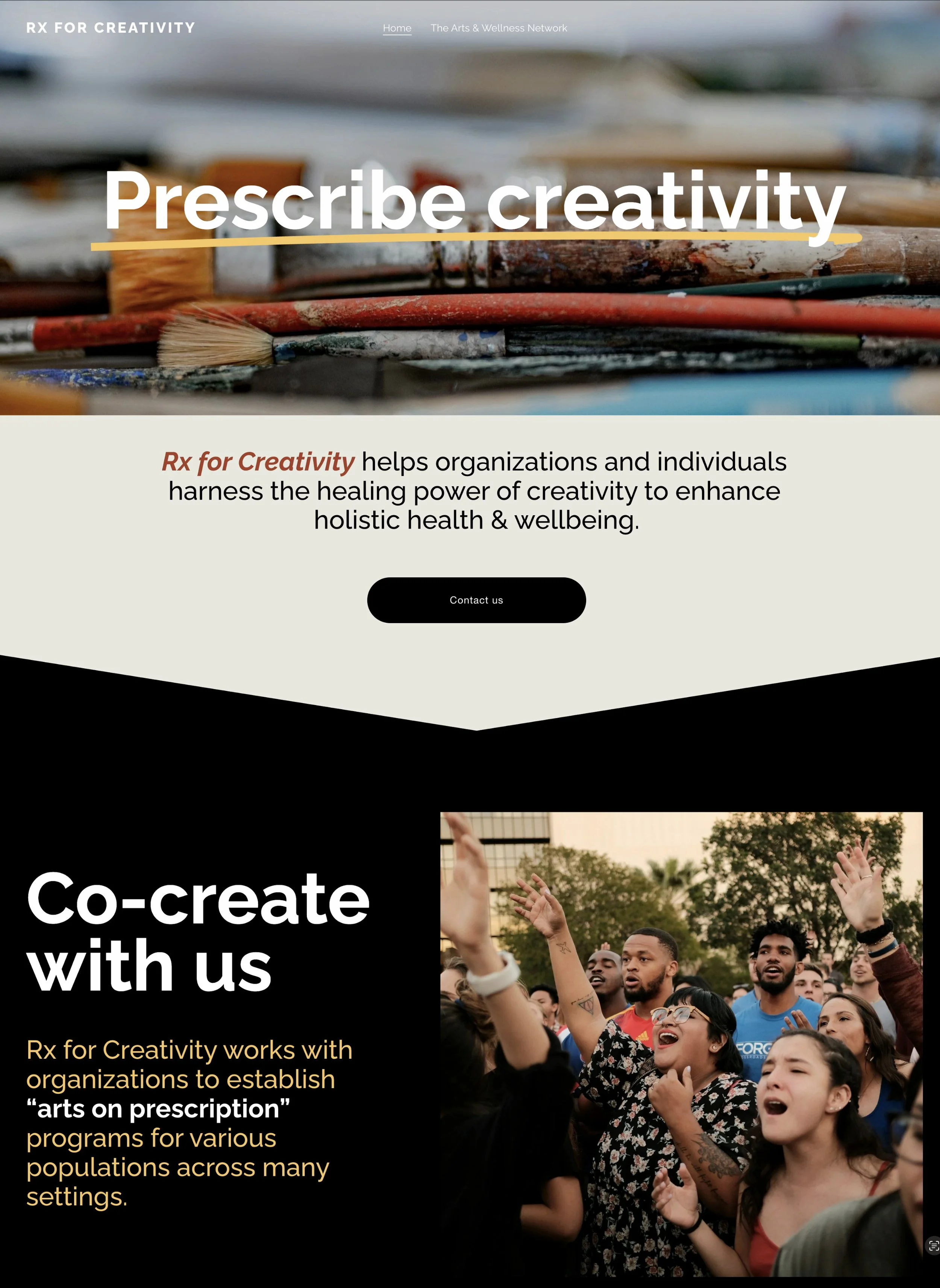 Screenshot of a website for "Rx for Creativity", and arts prescribing business that helps clients build arts prescribing programs