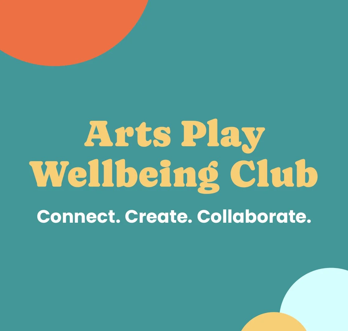 Yellow text that reads "Arts Play Wellbeing Club: Connect. Create. Collaborate" on a teal background with a red, yellow, and light blue circle near the edges of the graphic