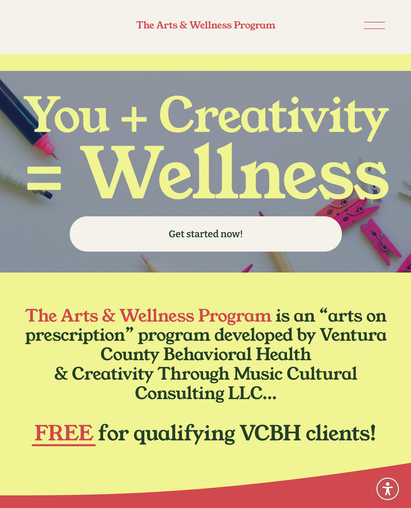 Screenshot of a website for The Arts & Wellness Program that says "You + Creativity = Wellness" at the top with an image in the background of arts supplies