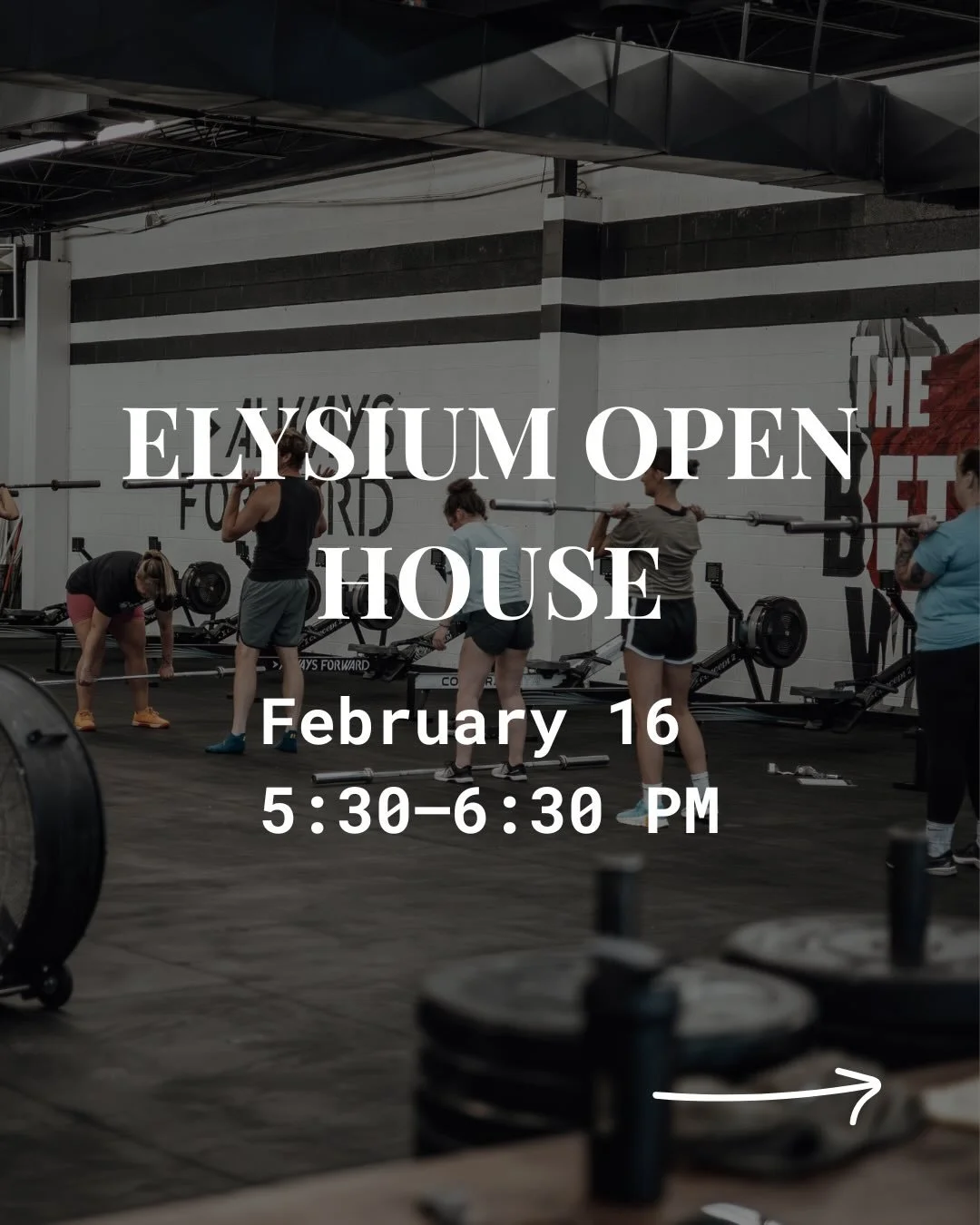 Come see what we&rsquo;re all about at our Open House:

📅 February 16 | 5:30&ndash;6:30 PM

Tour the gym, meet the team, and watch part of a class.

Sign up during the event and get $50 off + a free Elysium swag bag!

Bring a friend, ask questions, 
