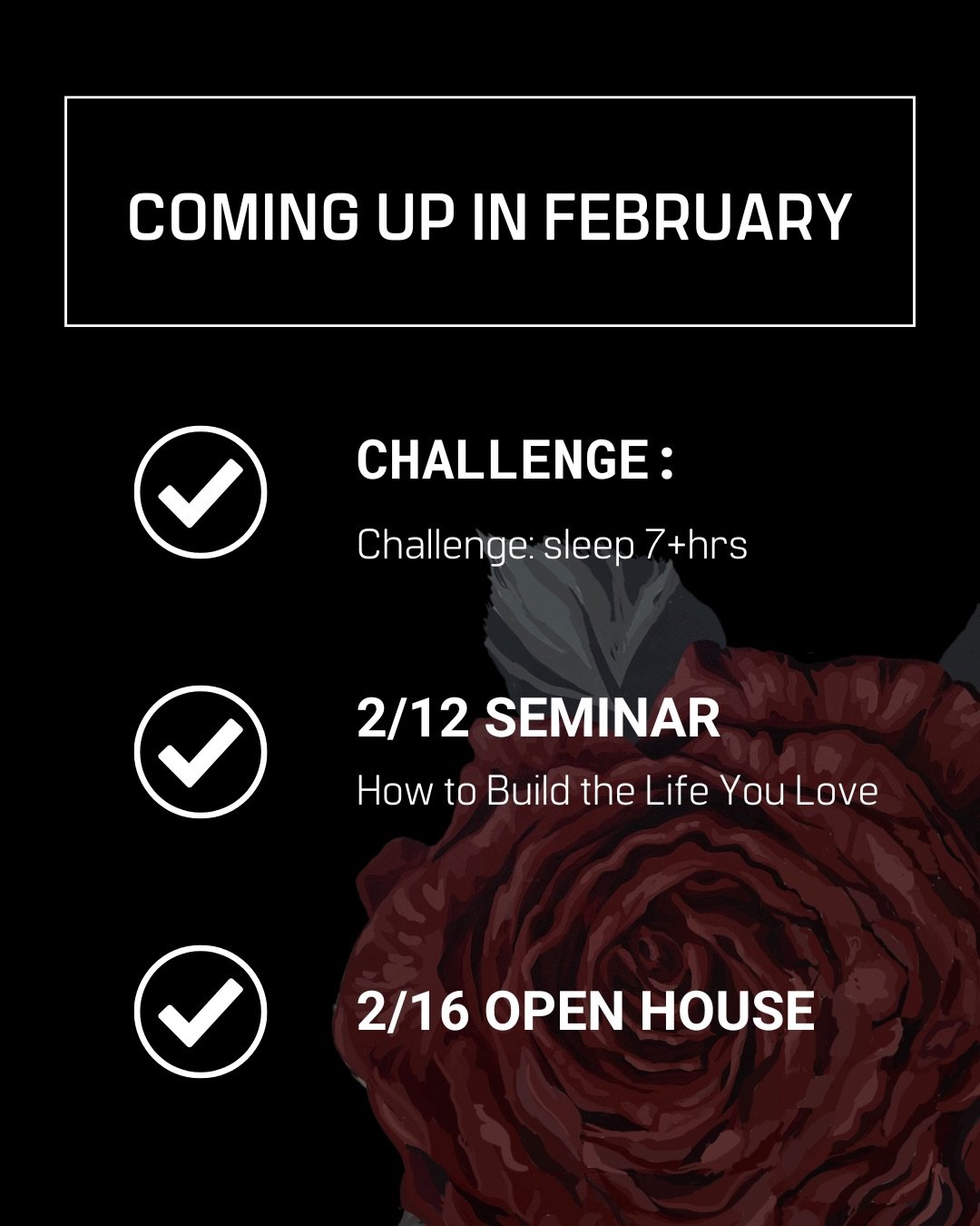 Exciting dates coming up in February! 

Make sure you make it out to our seminar on the 12th and invite your friends to our first Open House on the 16th! 

January- 1,000 squats later and everyone has amazing glutes🍑(it&rsquo;s fine, you can admit i
