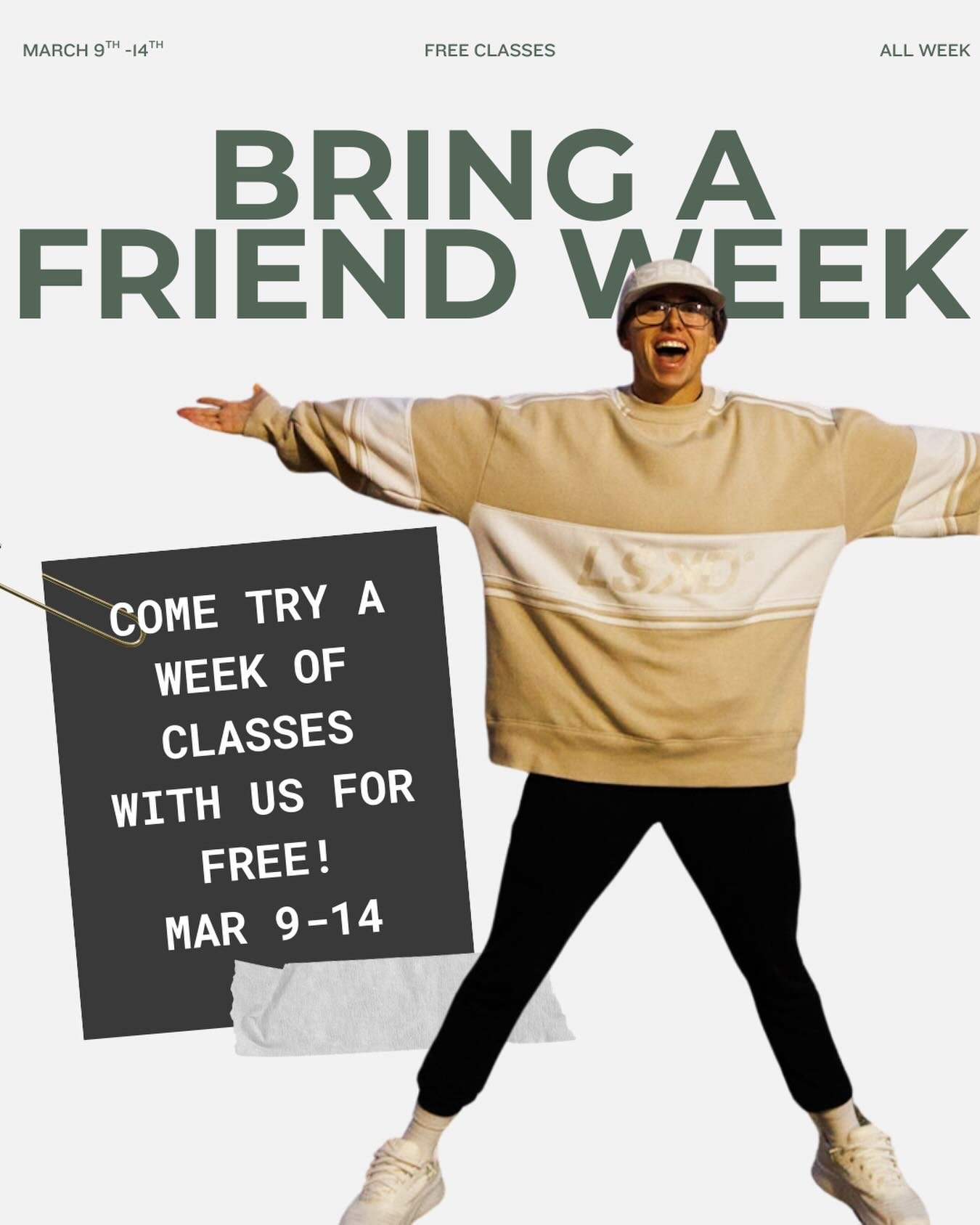 You know what time it is 👀

👏🏻BRING A FRIEND WEEK 👏🏻Our favorite week at Elysium. 

Bring your friends March 9 to 14.

They get a full week to train with you for free.

Bonus: if they sign up, you both get $50 off your next month.

Double bonus: