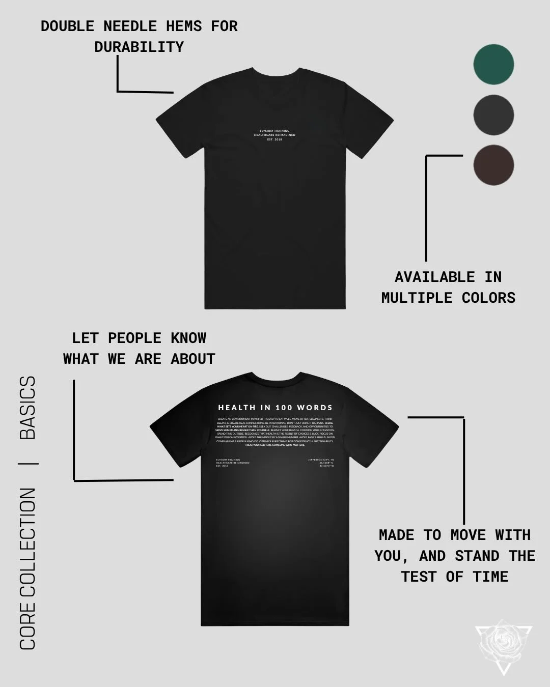 They are back, and better than ever. 

The Surround Yourself Tee printed on pre-shrunk cotton for a lasting and durable fit.

The Health in 100 Words Tee with a new look on fresh colors.

Head to the storefront and order yours.