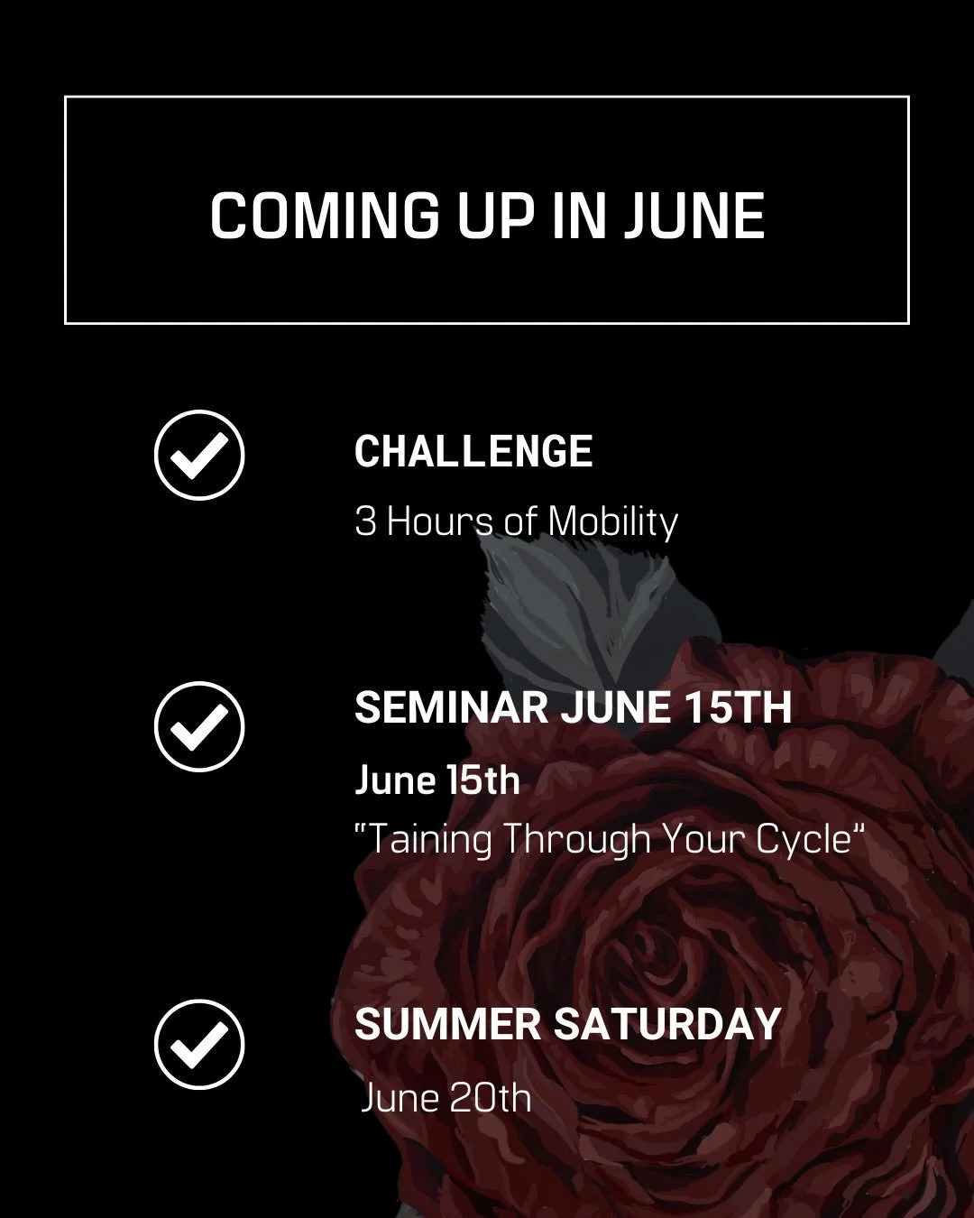 Check out the ways to learn, grow, and connect this month at Elysium 👀

Huge job to everyone who finished last month&rsquo;s plank challenge. Hopefully your cores is feeling SOLID 💪

This month&rsquo;s challenge is all about mobility. More movement