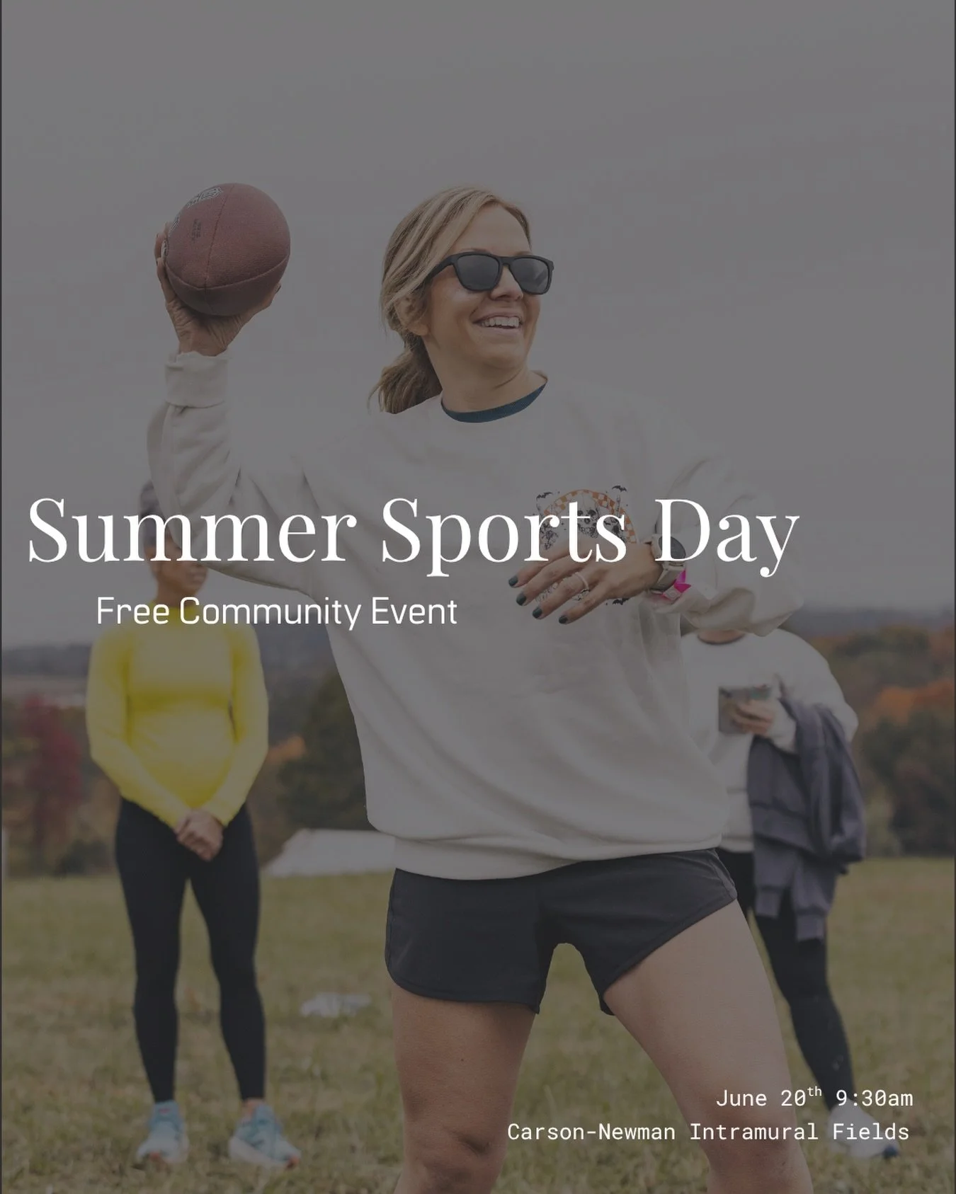Looking for something fun to do on June 20th?

Join us for Summer Sports Day at the Carson-Newman Intramural Fields! 

We&rsquo;ll have pickleball, sand volleyball, basketball knockout, a whiffle ball home run derby, and a kickball home run derby.

A