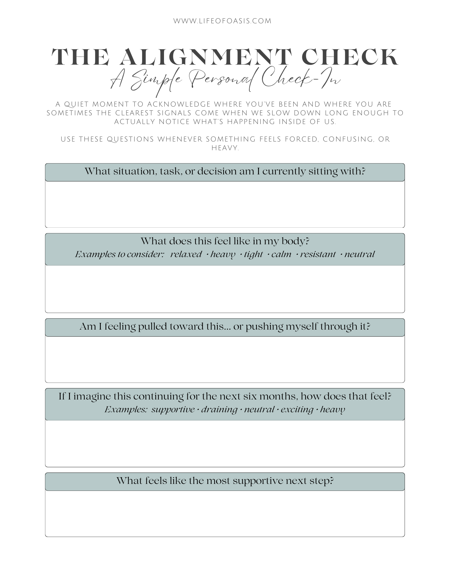A worksheet for the alignment check with different questions about whether or not you are in alignment