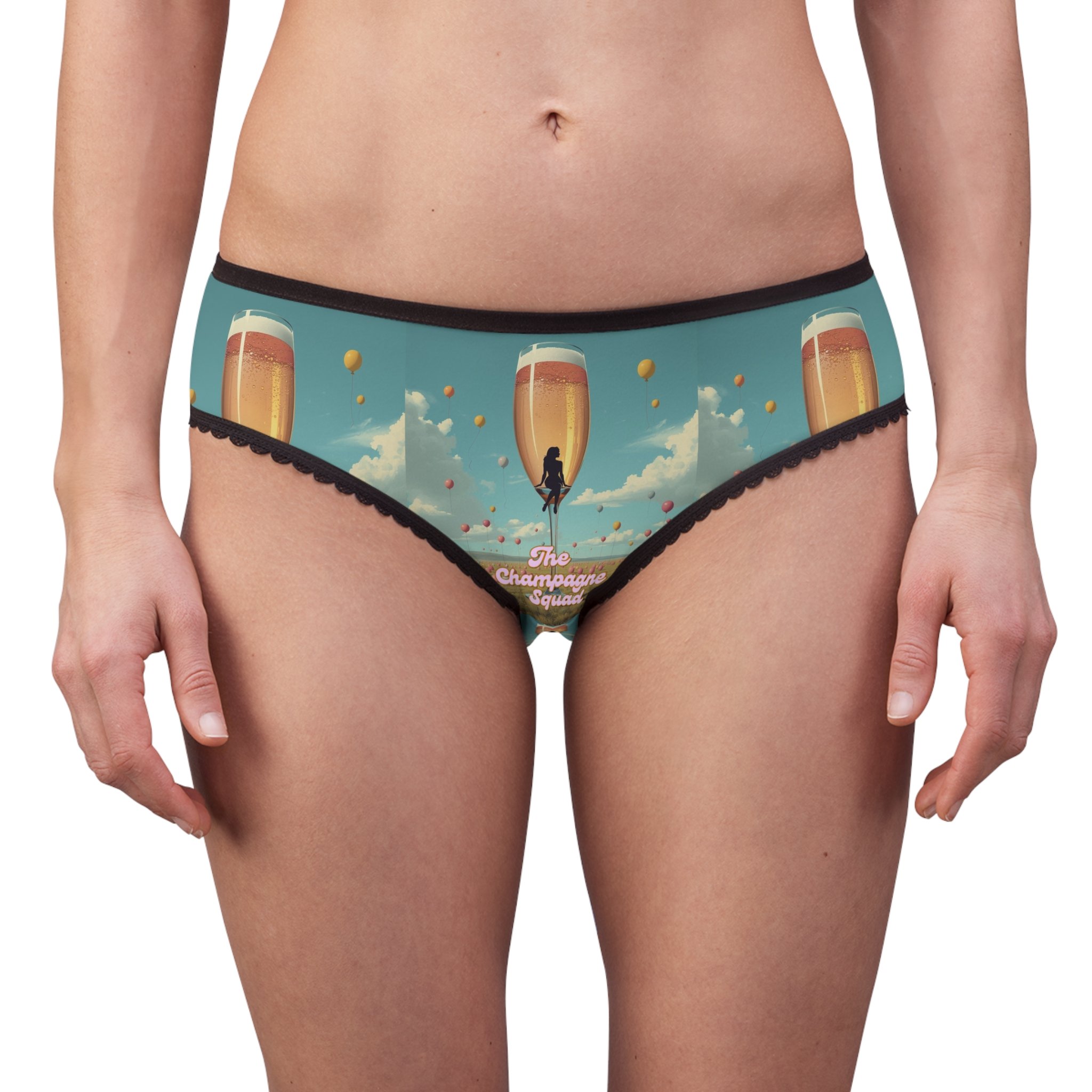 front of a woman in underwear, images of a champagne flute, ballons and a lady inside the glass. sexy, cheeky underwear
